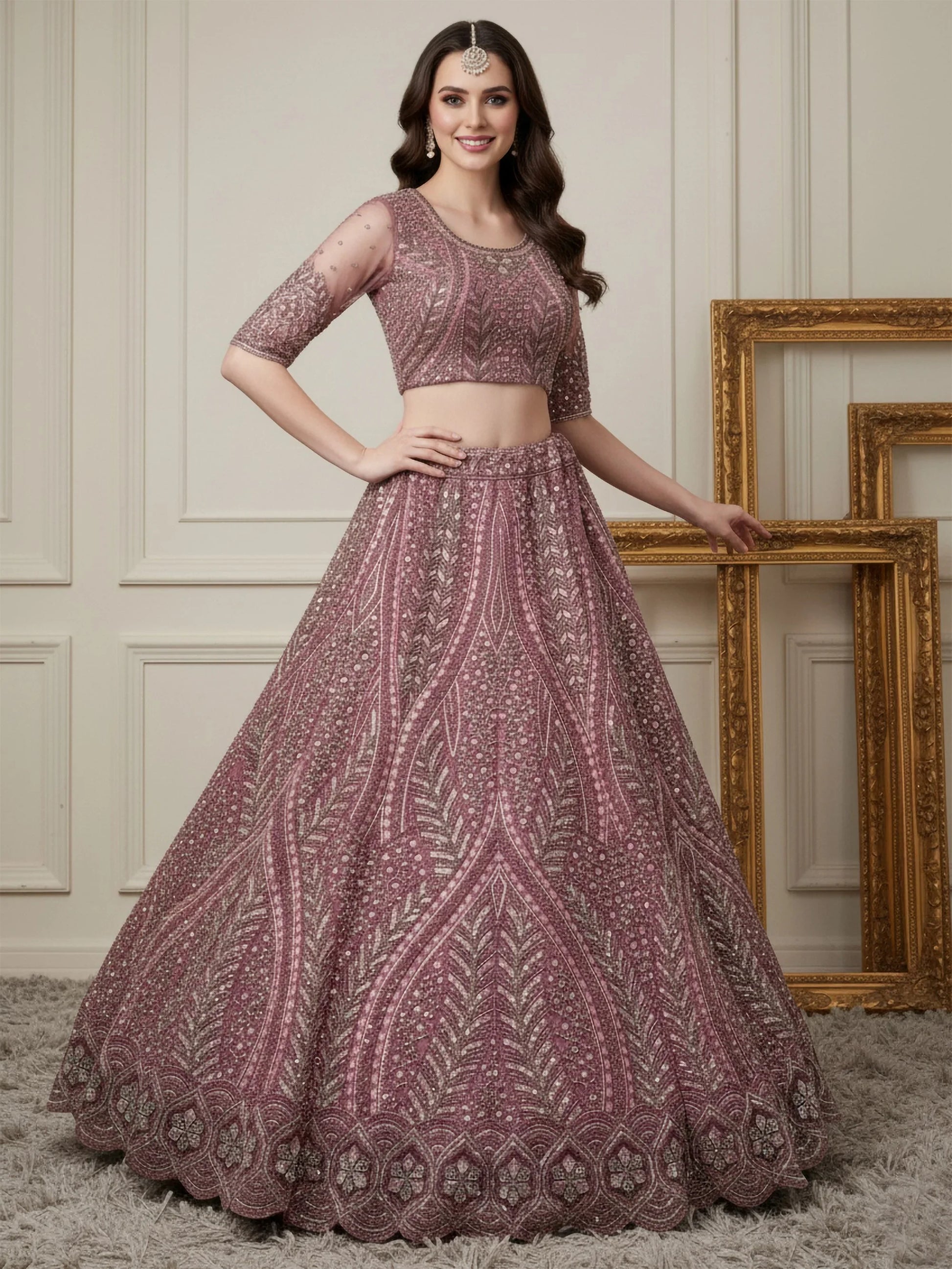 Sparkling Rose Gold Sequins Net Engagement Wear Lehenga Choli With Dupatta