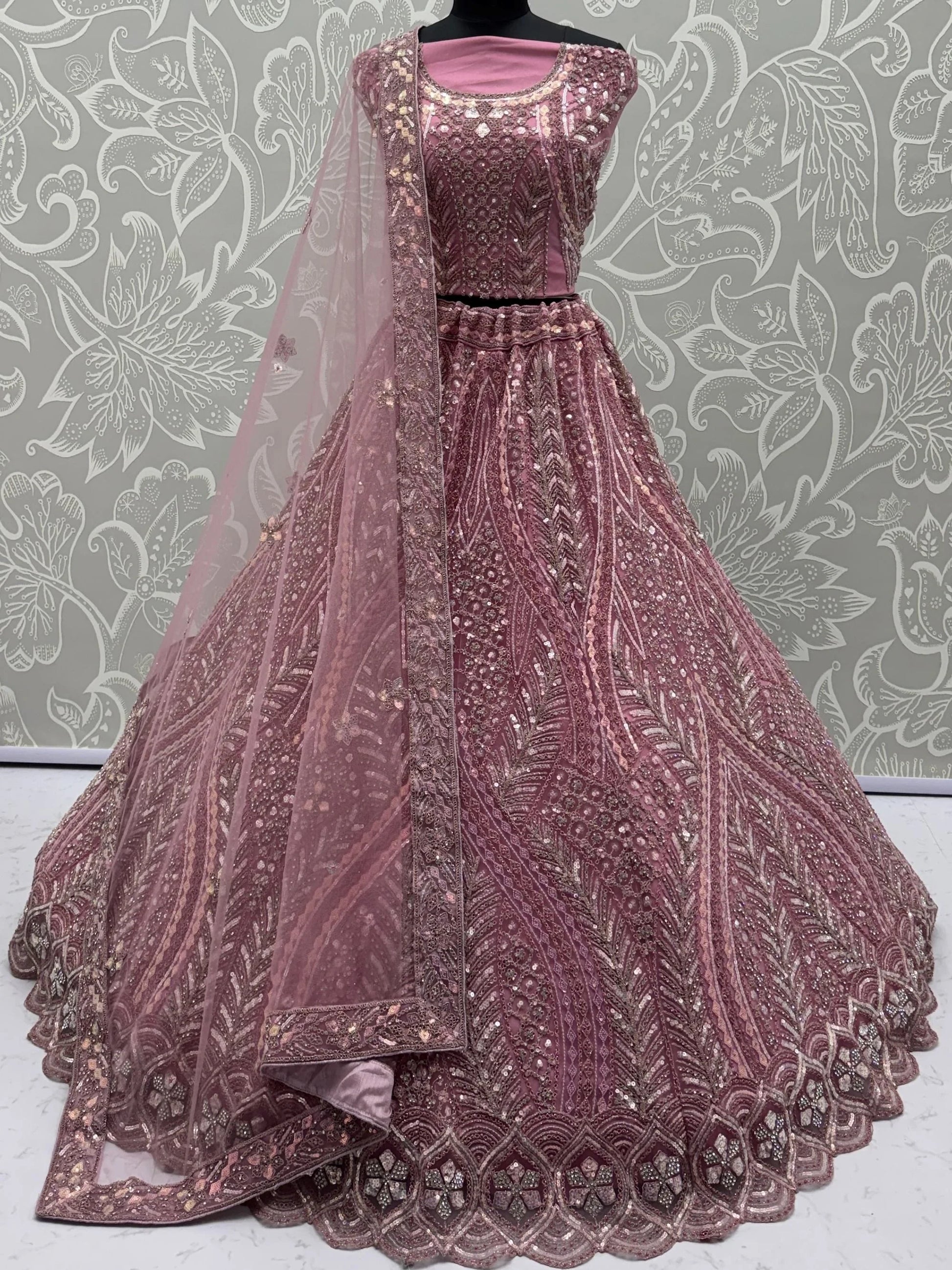 Sparkling Rose Gold Sequins Net Engagement Wear Lehenga Choli With Dupatta