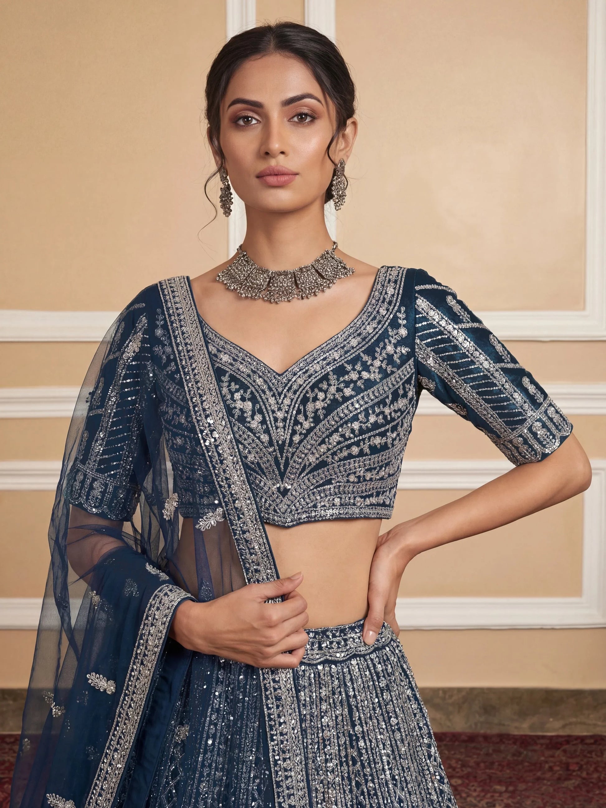 Sparkling Teal Blue Zircon Work Net Event Wear Lehenga Choli