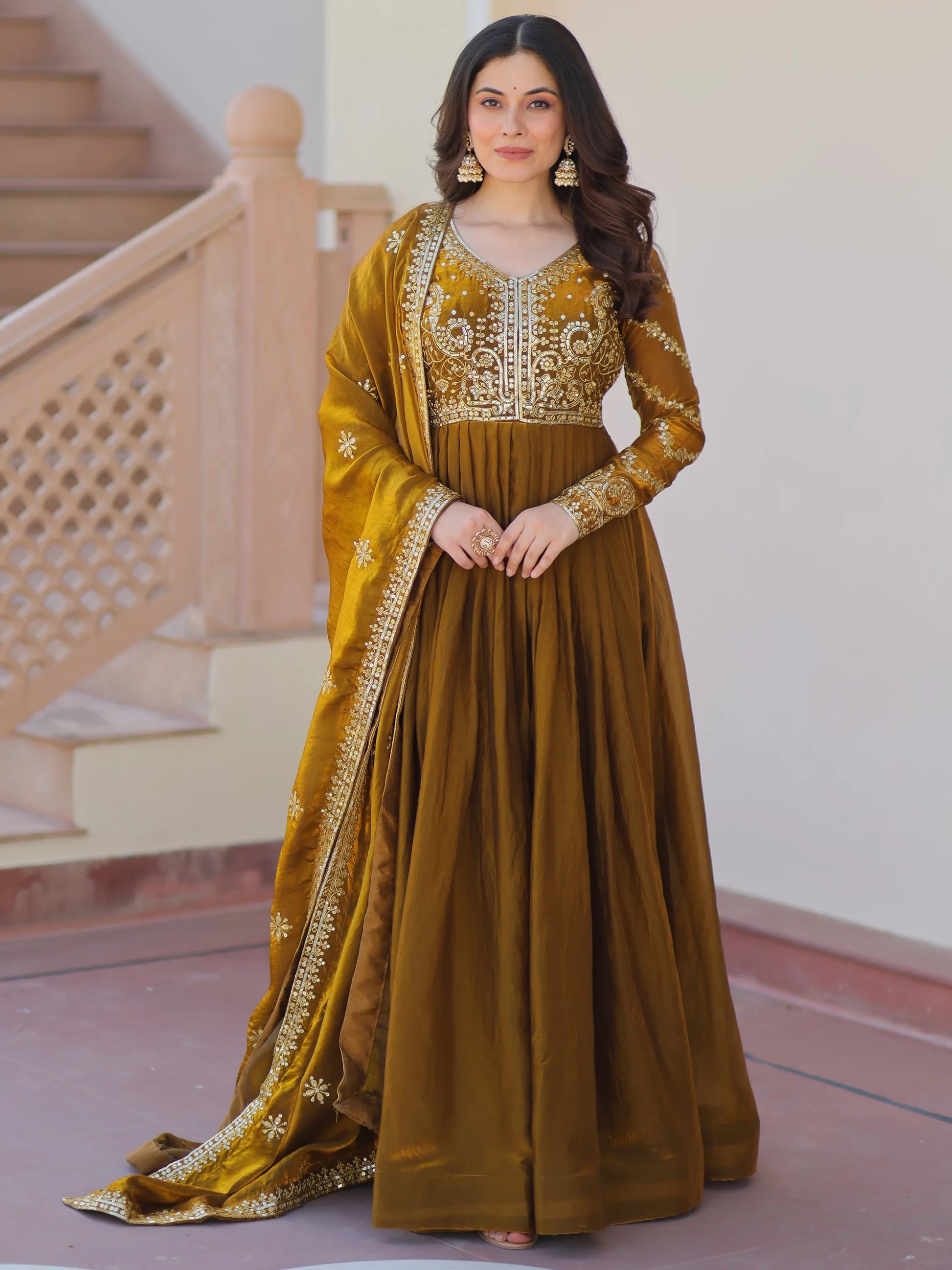 Special Olive Green Sequins Organza Mehendi Wear Gown With Dupatta - Zeel Clothing