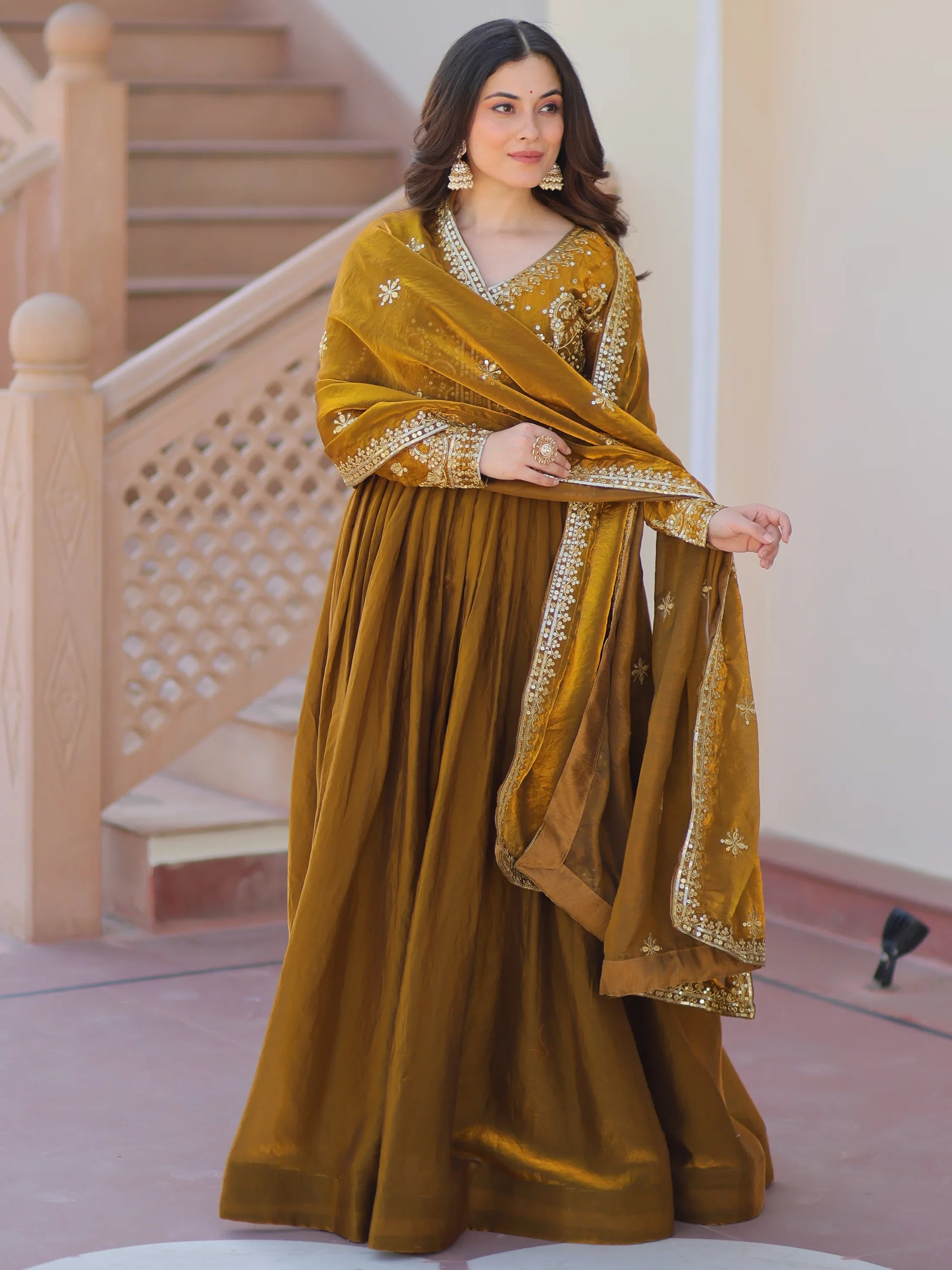 Special Olive Green Sequins Organza Mehendi Wear Gown With Dupatta - Zeel Clothing