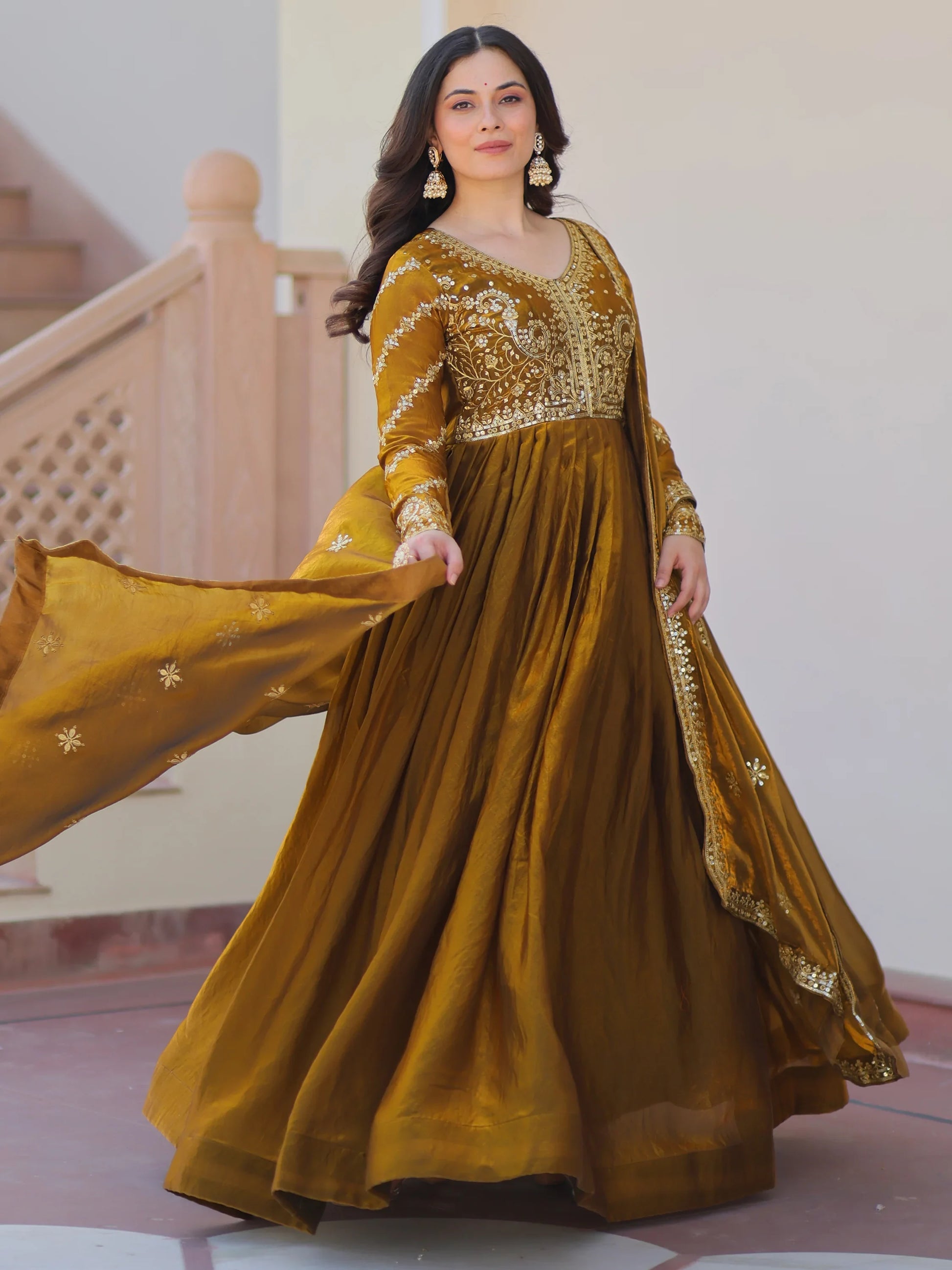 Special Olive Green Sequins Organza Mehendi Wear Gown With Dupatta - Zeel Clothing