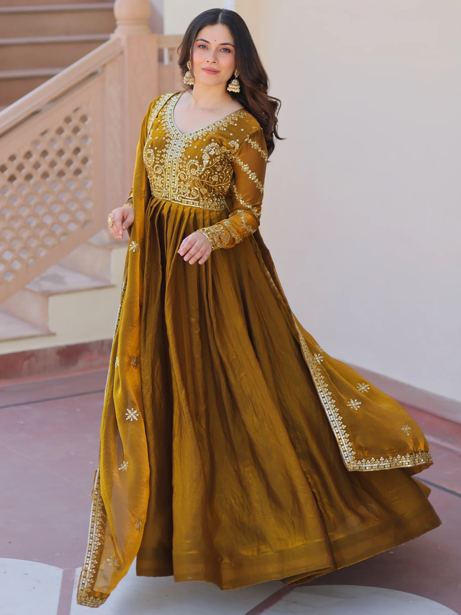 Special Olive Green Sequins Organza Mehendi Wear Gown With Dupatta - Zeel Clothing