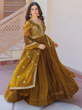 Special Olive Green Sequins Organza Mehendi Wear Gown With Dupatta - Zeel Clothing