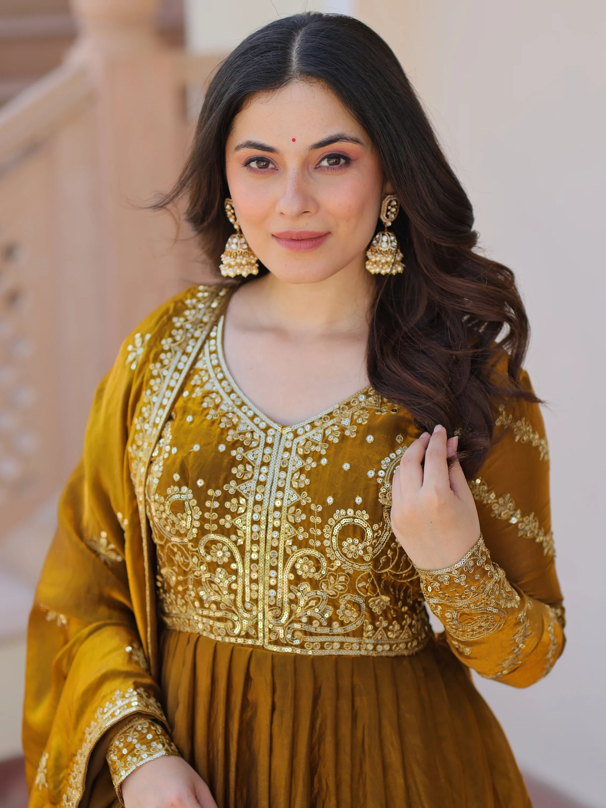 Special Olive Green Sequins Organza Mehendi Wear Gown With Dupatta - Zeel Clothing