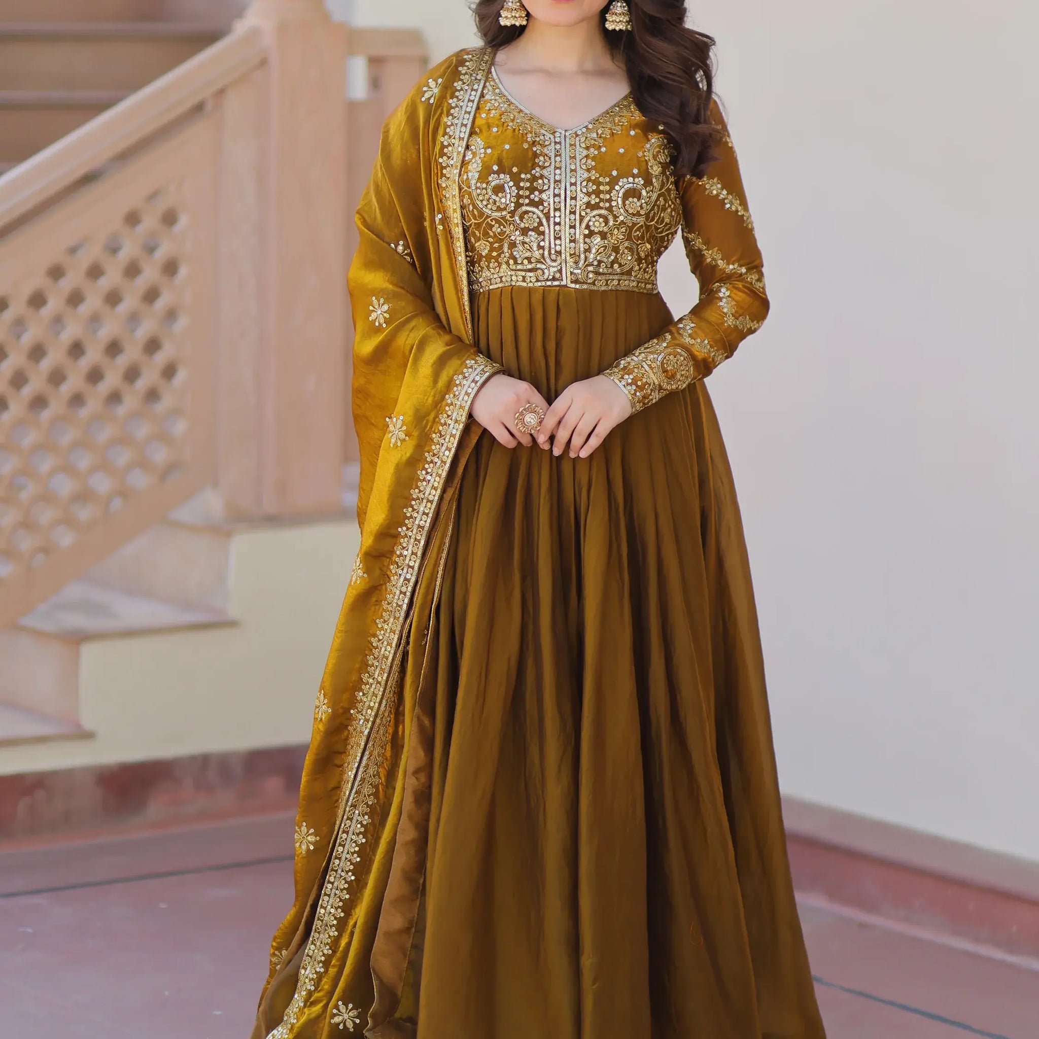 Special Olive Green Sequins Organza Mehendi Wear Gown With Dupatta - Zeel Clothing