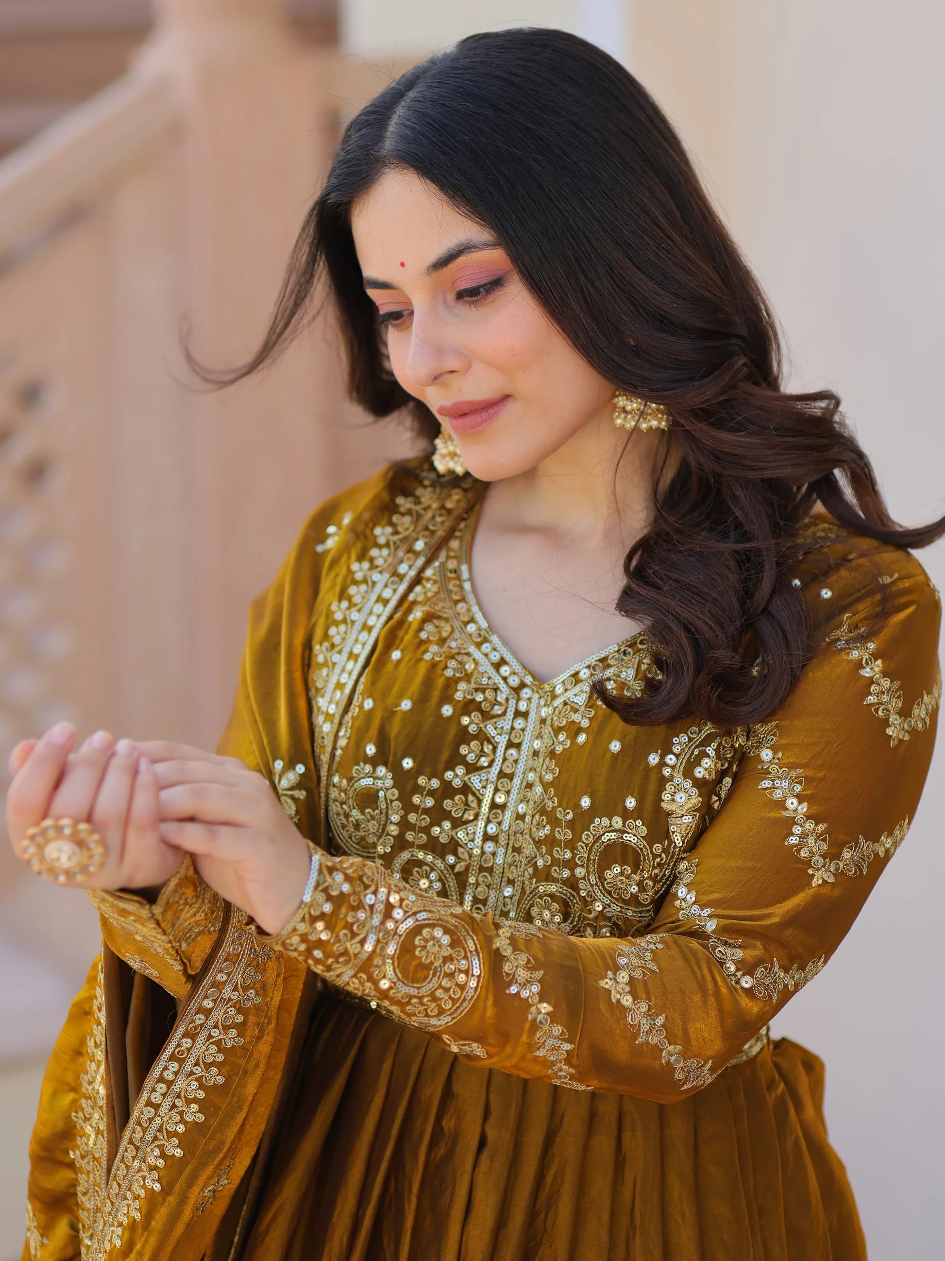 Special Olive Green Sequins Organza Mehendi Wear Gown With Dupatta - Zeel Clothing