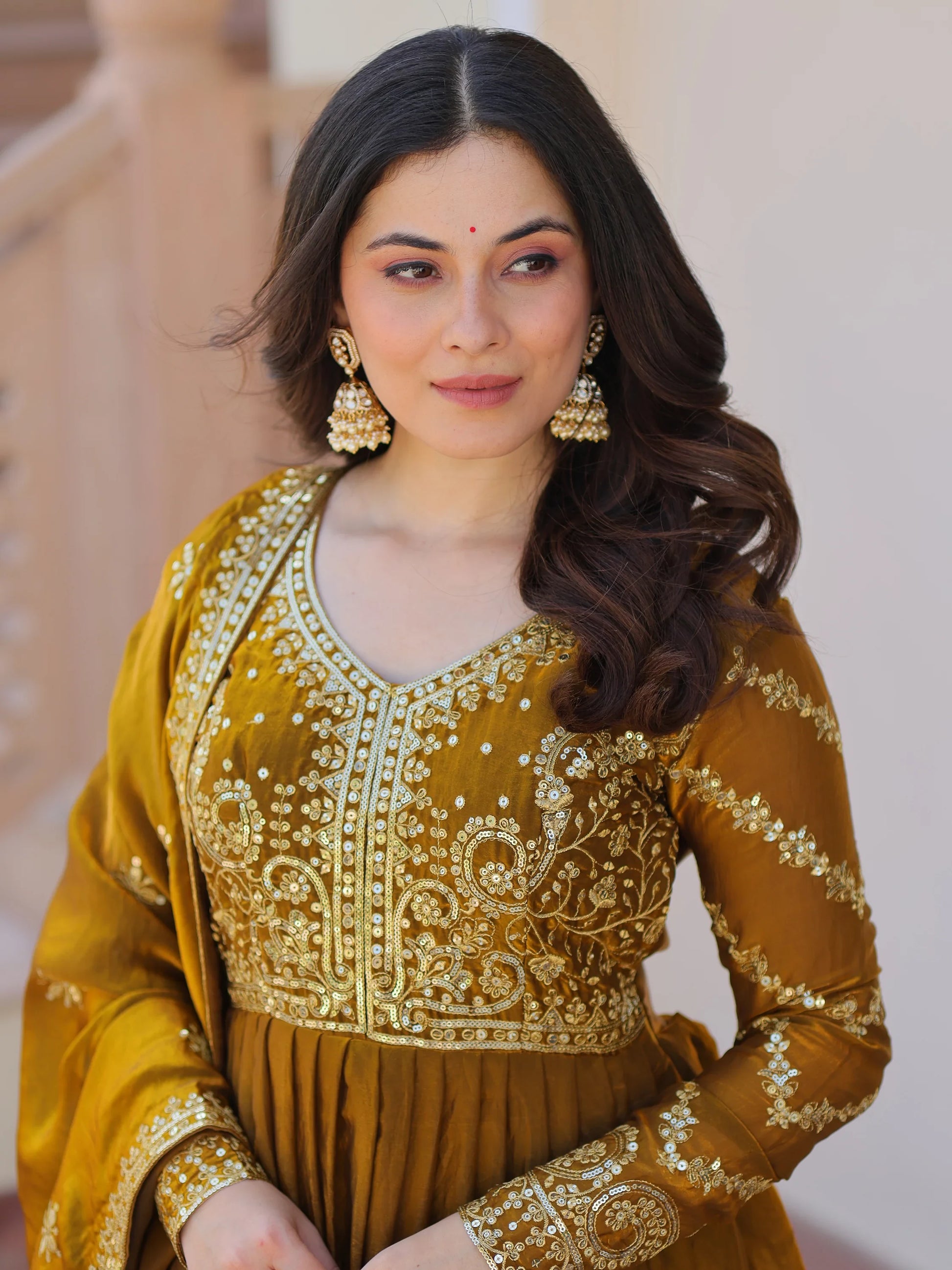 Special Olive Green Sequins Organza Mehendi Wear Gown With Dupatta - Zeel Clothing