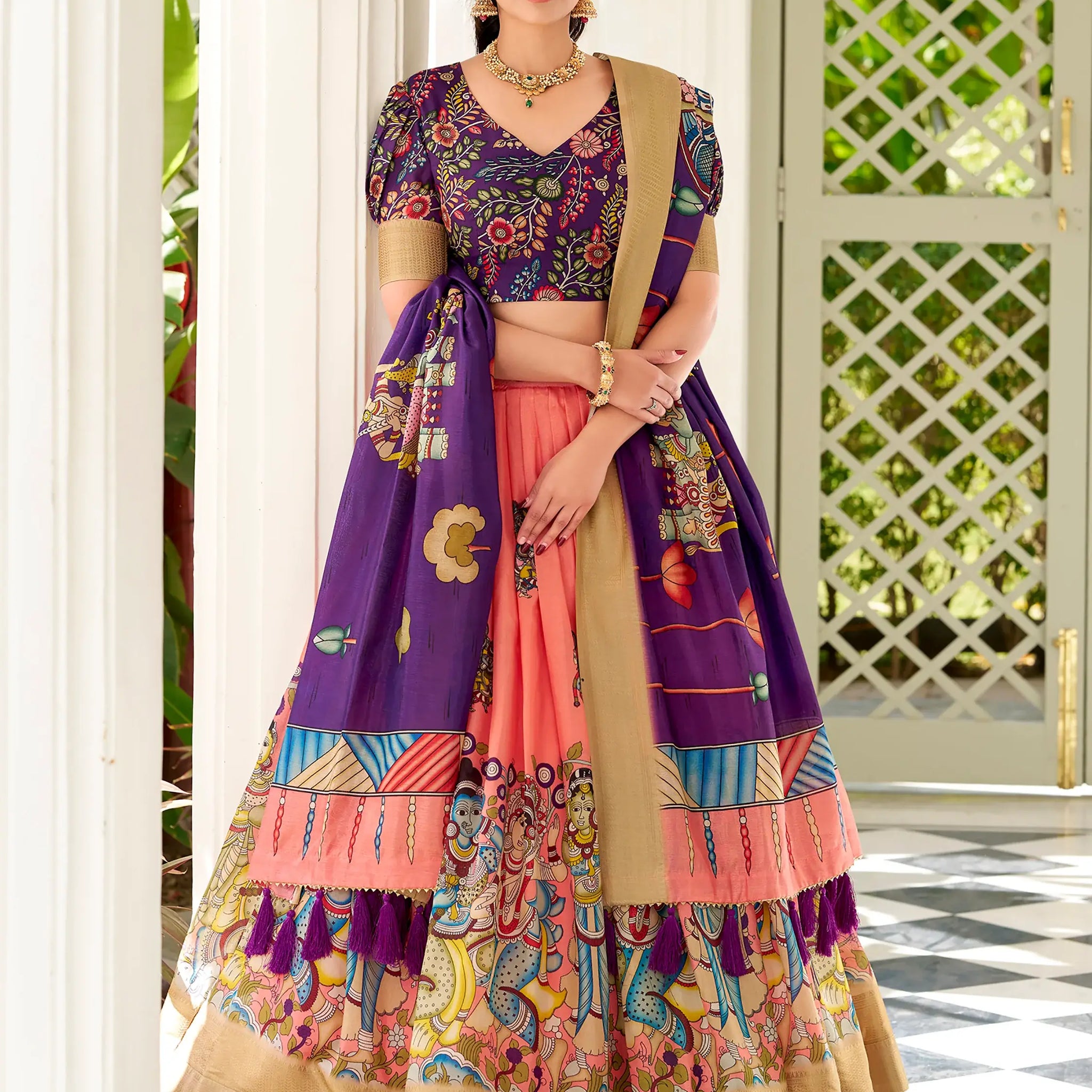 Special Peach Kalamkari Printed Silk Festival Wear Lehenga Choli - Zeel Clothing