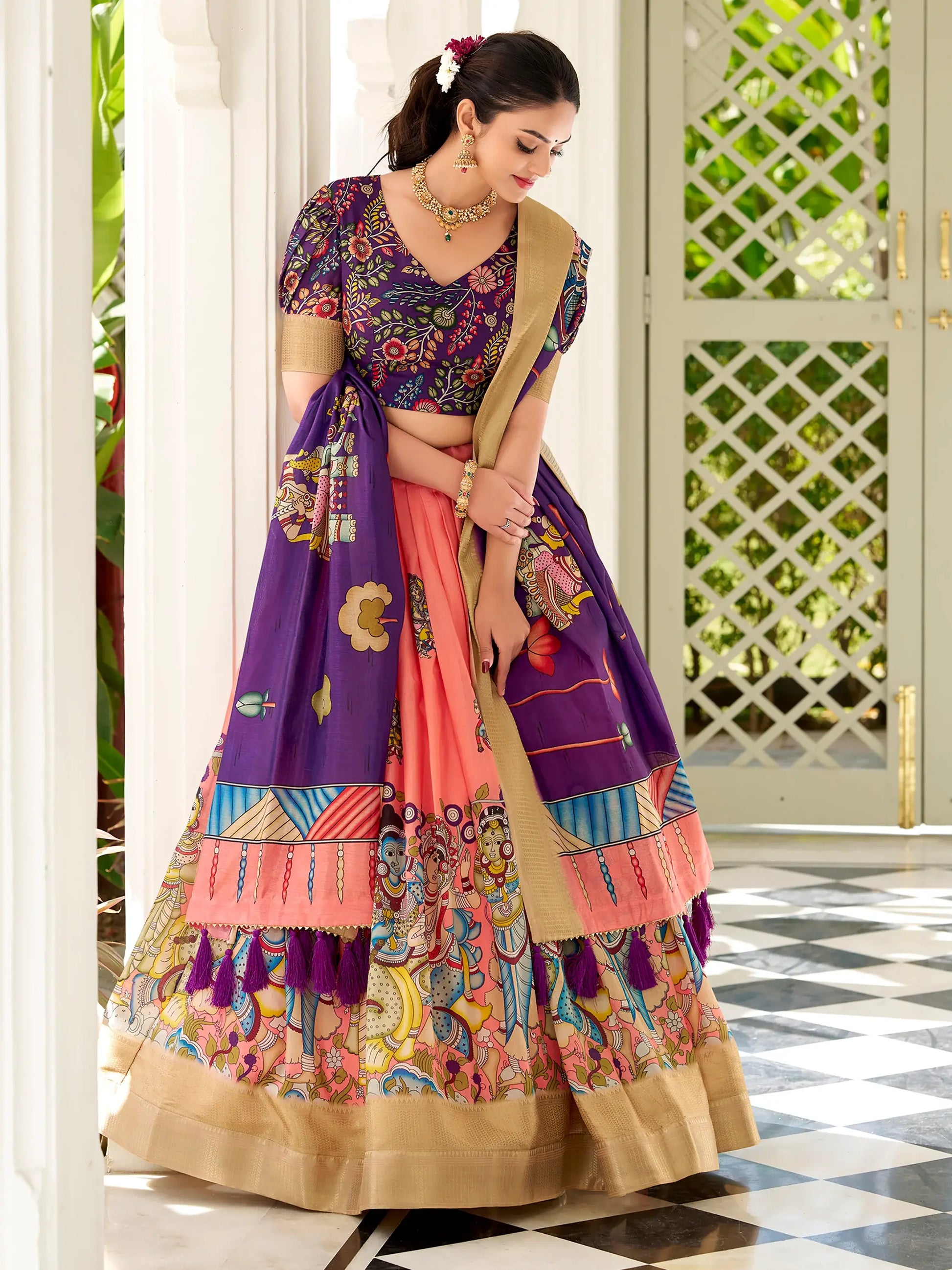 Special Peach Kalamkari Printed Silk Festival Wear Lehenga Choli - Zeel Clothing