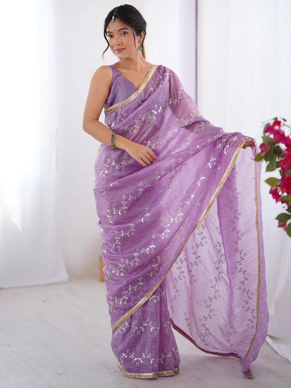 Special Purple Beads Work Organza Festival Wear Saree With Blouse - Zeel Clothing