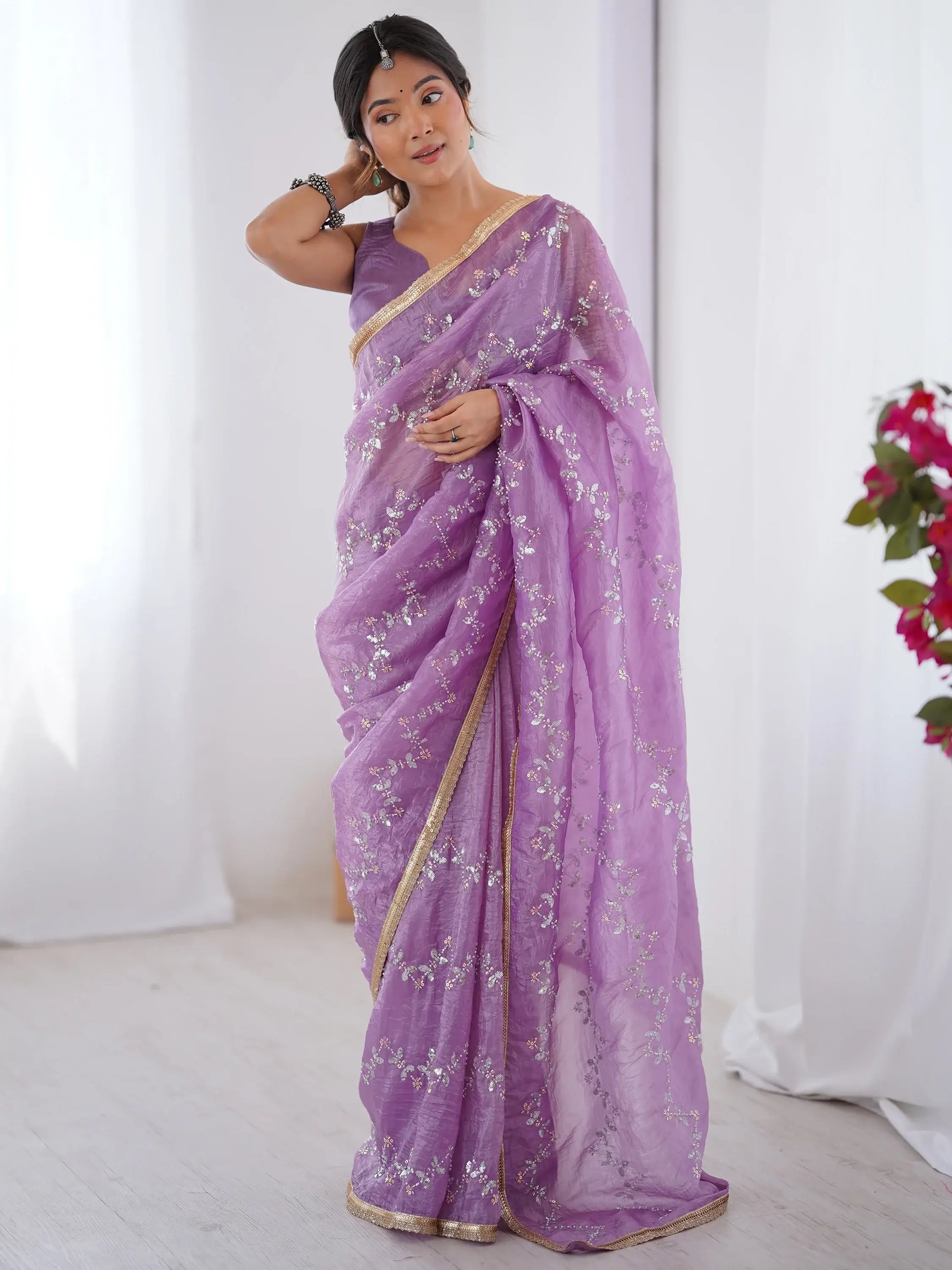 Special Purple Beads Work Organza Festival Wear Saree With Blouse - Zeel Clothing