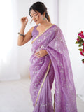 Special Purple Beads Work Organza Festival Wear Saree With Blouse - Zeel Clothing
