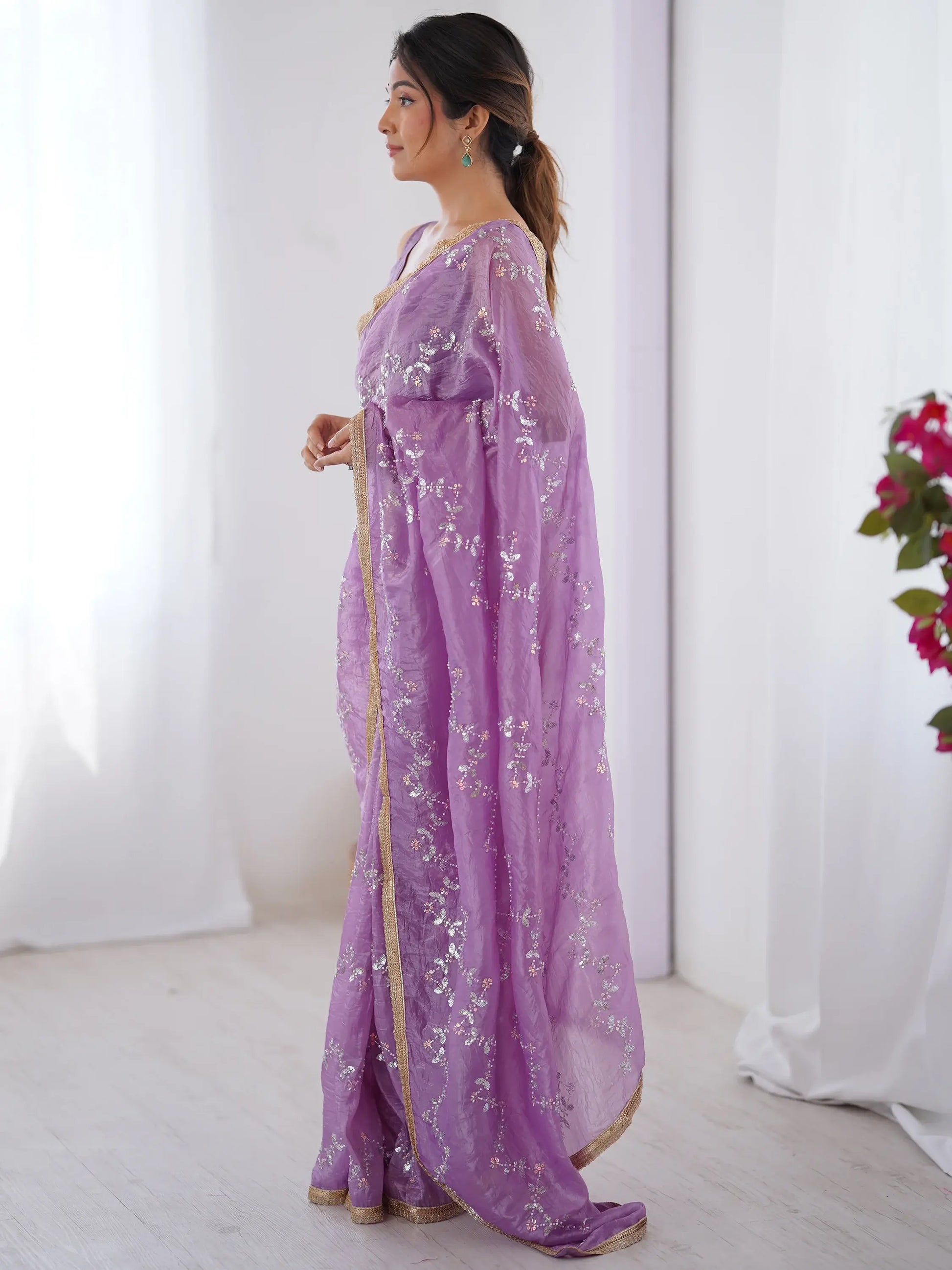 Special Purple Beads Work Organza Festival Wear Saree With Blouse - Zeel Clothing