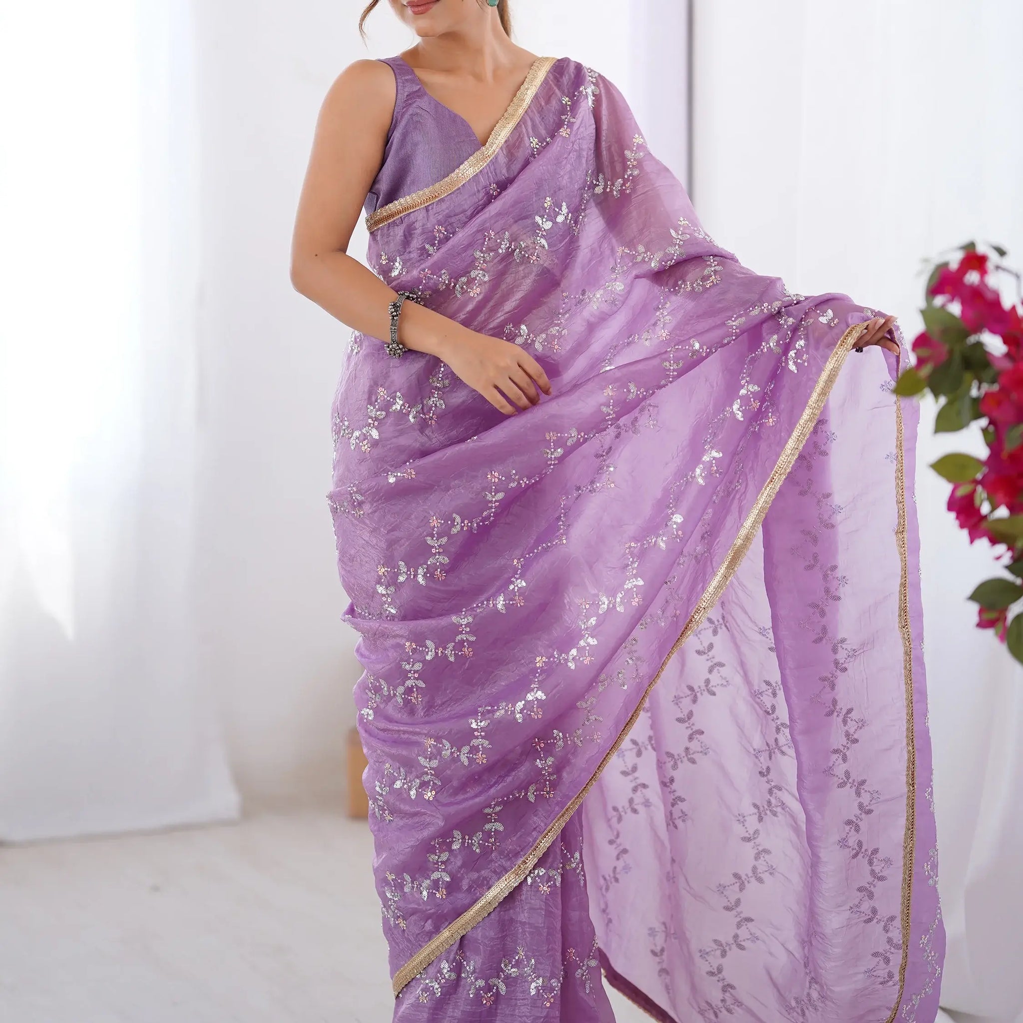 Special Purple Beads Work Organza Festival Wear Saree With Blouse - Zeel Clothing