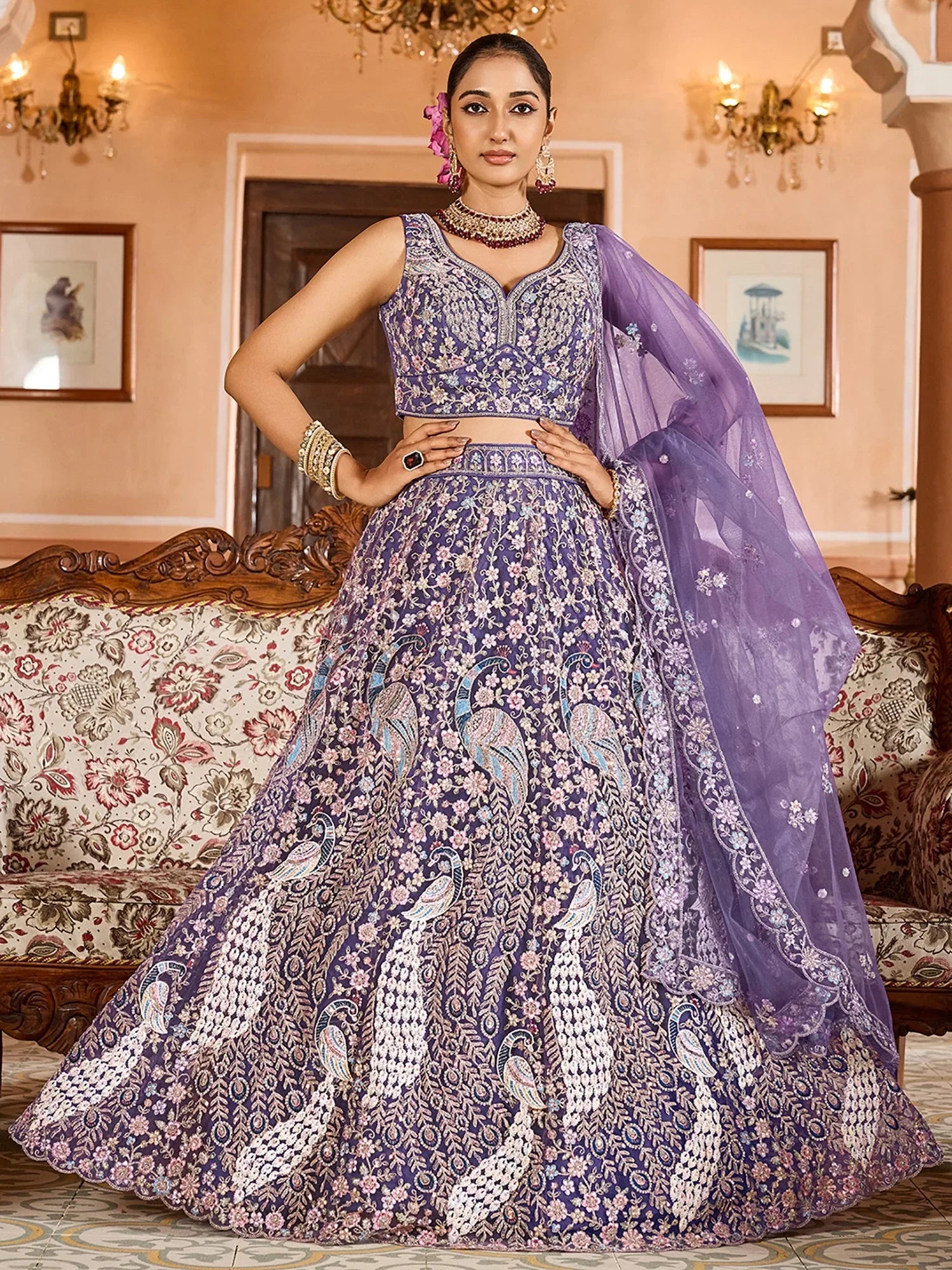 Special Purple Heavy Embroidered Net Designer Lehenga Choli With Dupatta