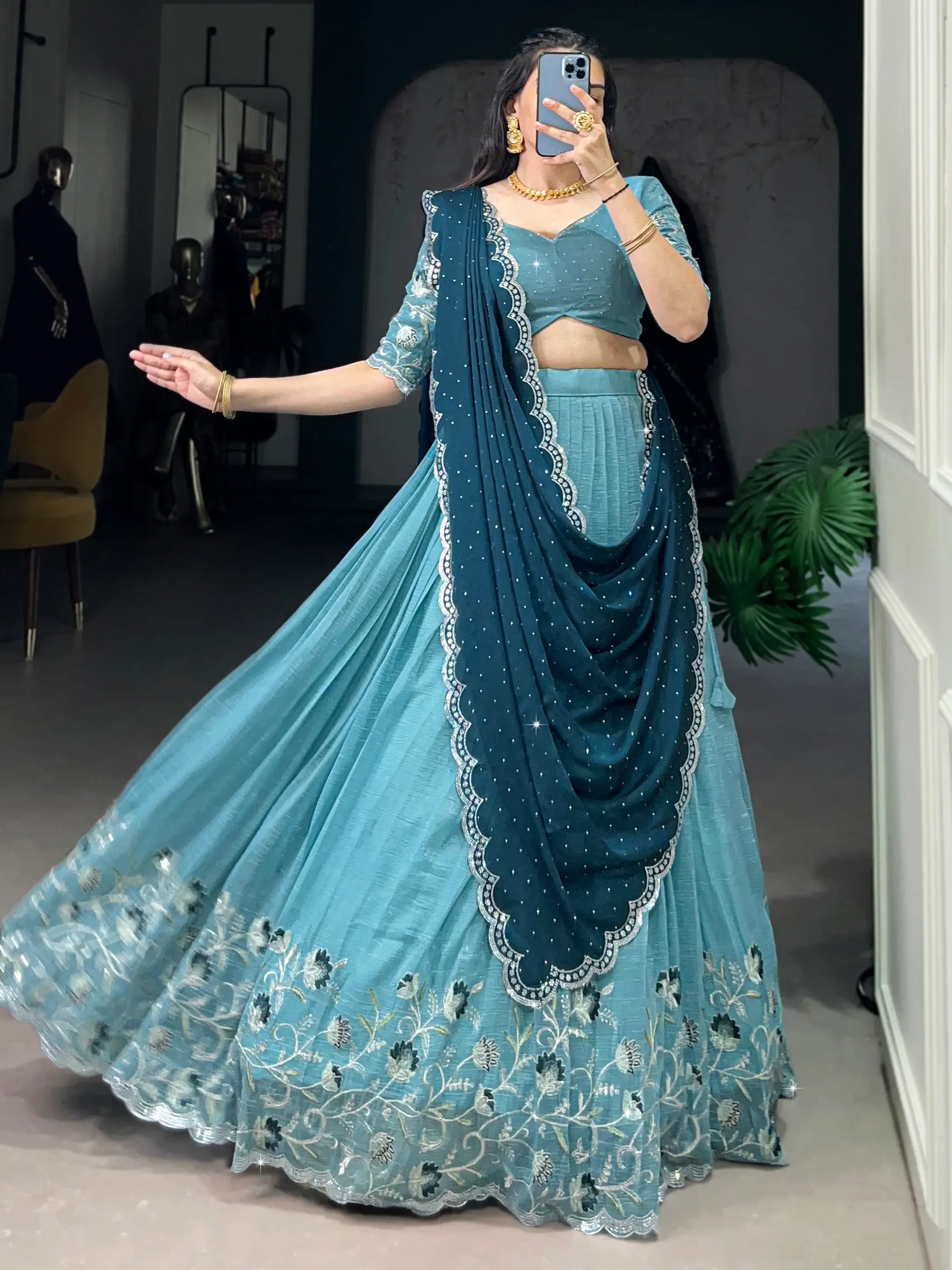 Special Sky-Blue Embroidered Organza Festival Wear Lehenga Choli - Zeel Clothing