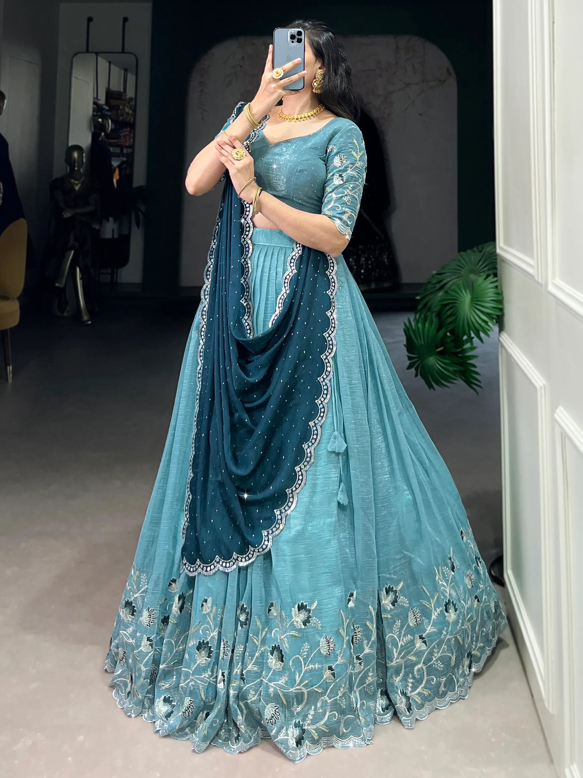 Special Sky-Blue Embroidered Organza Festival Wear Lehenga Choli - Zeel Clothing
