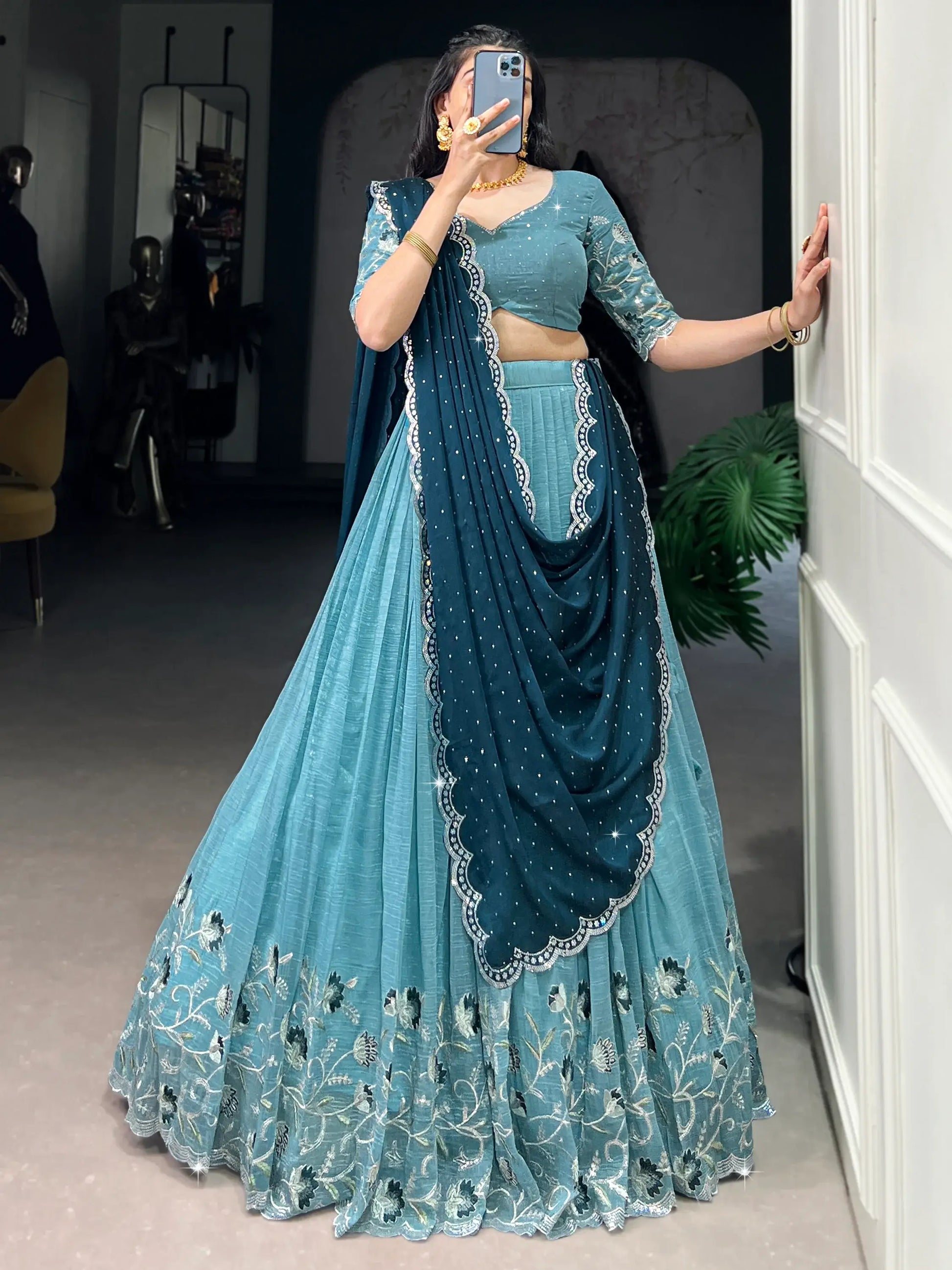 Special Sky-Blue Embroidered Organza Festival Wear Lehenga Choli - Zeel Clothing