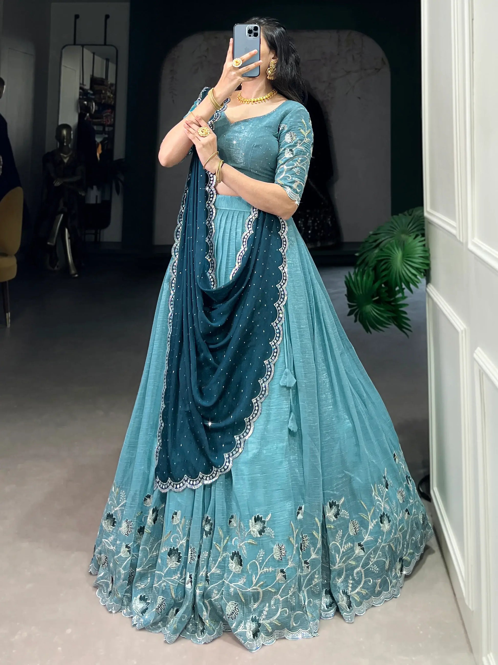 Special Sky-Blue Embroidered Organza Festival Wear Lehenga Choli - Zeel Clothing