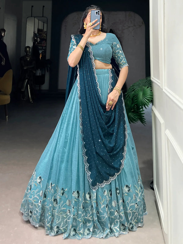 Special Sky-Blue Embroidered Organza Festival Wear Lehenga Choli - Zeel Clothing