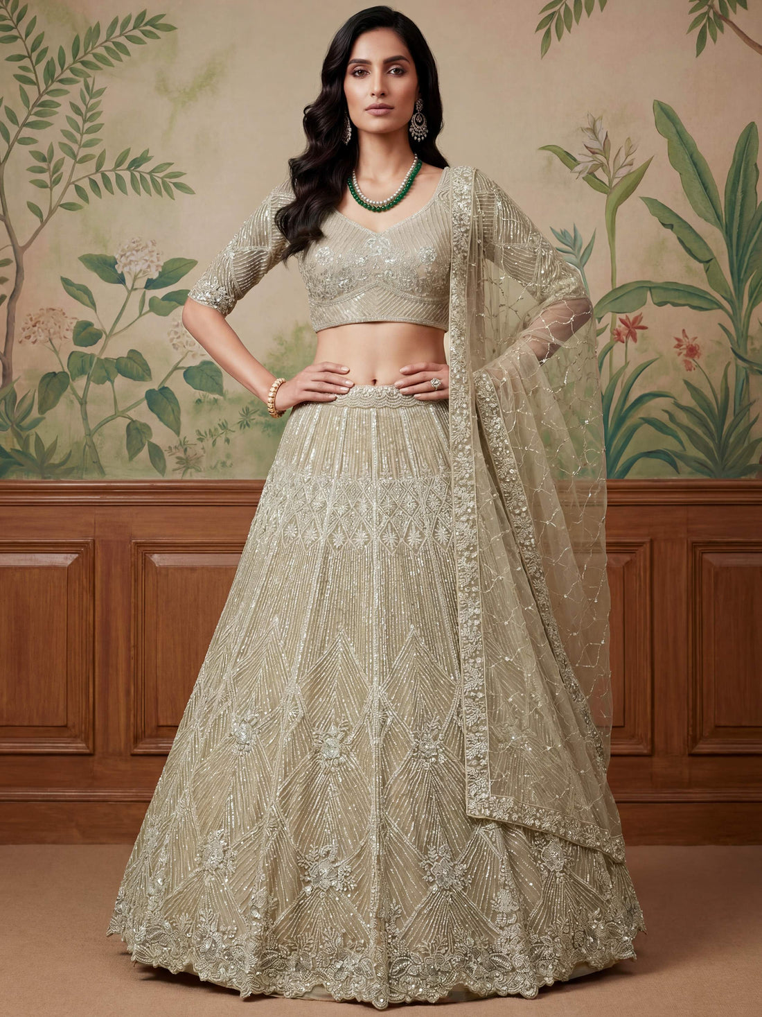Spectacular Beige Thread Embroidery Net Bridesmaid Lehenga Choli With Dupatta