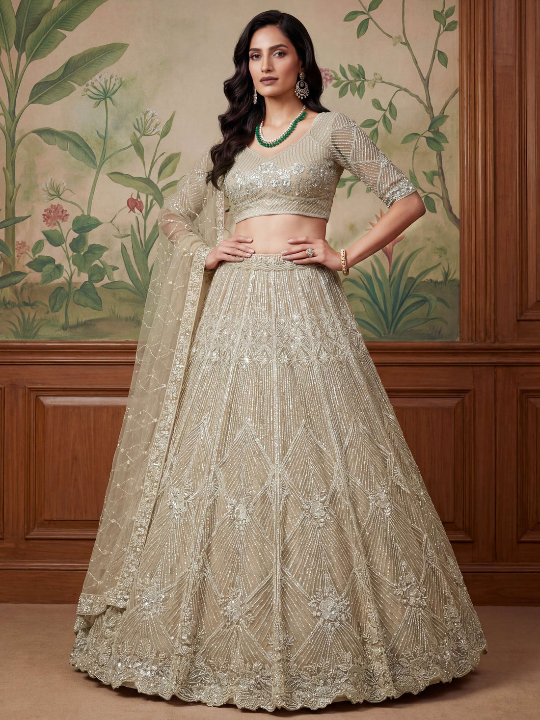 Spectacular Beige Thread Embroidery Net Bridesmaid Lehenga Choli With Dupatta
