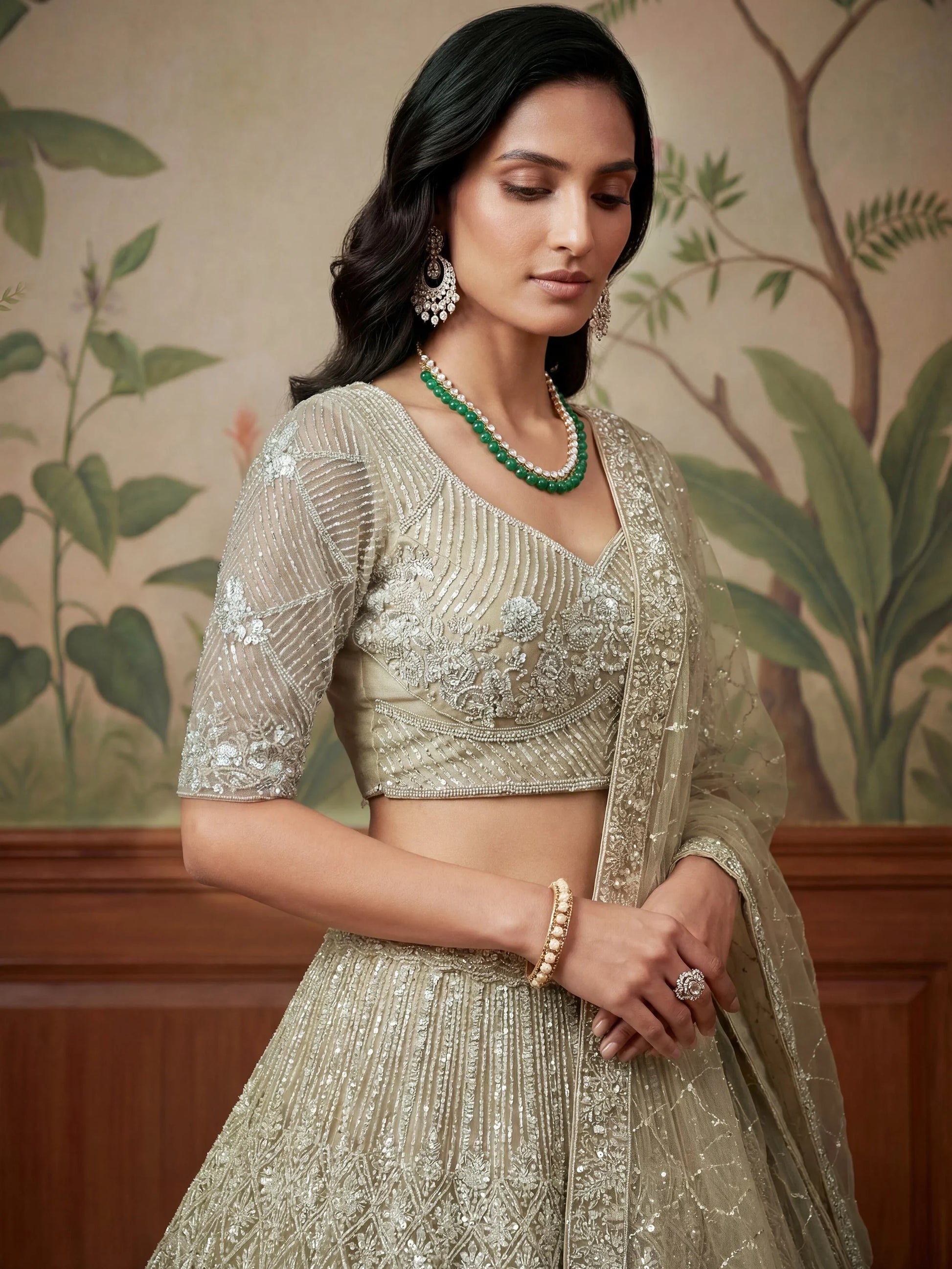 Spectacular Beige Thread Embroidery Net Bridesmaid Lehenga Choli With Dupatta