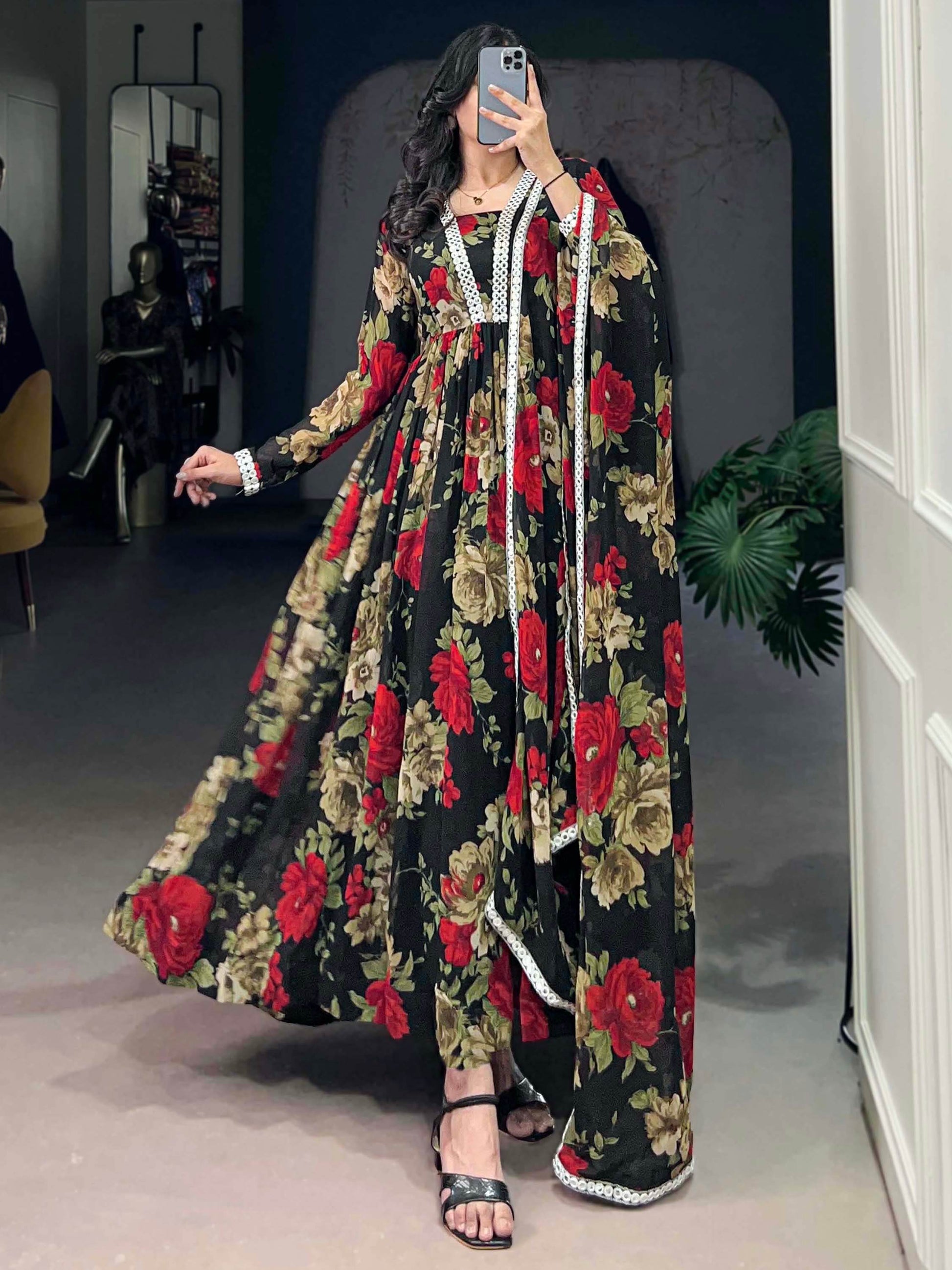 Spectacular Black Floral Printed Georgette Festival Wear Gown - Zeel Clothing