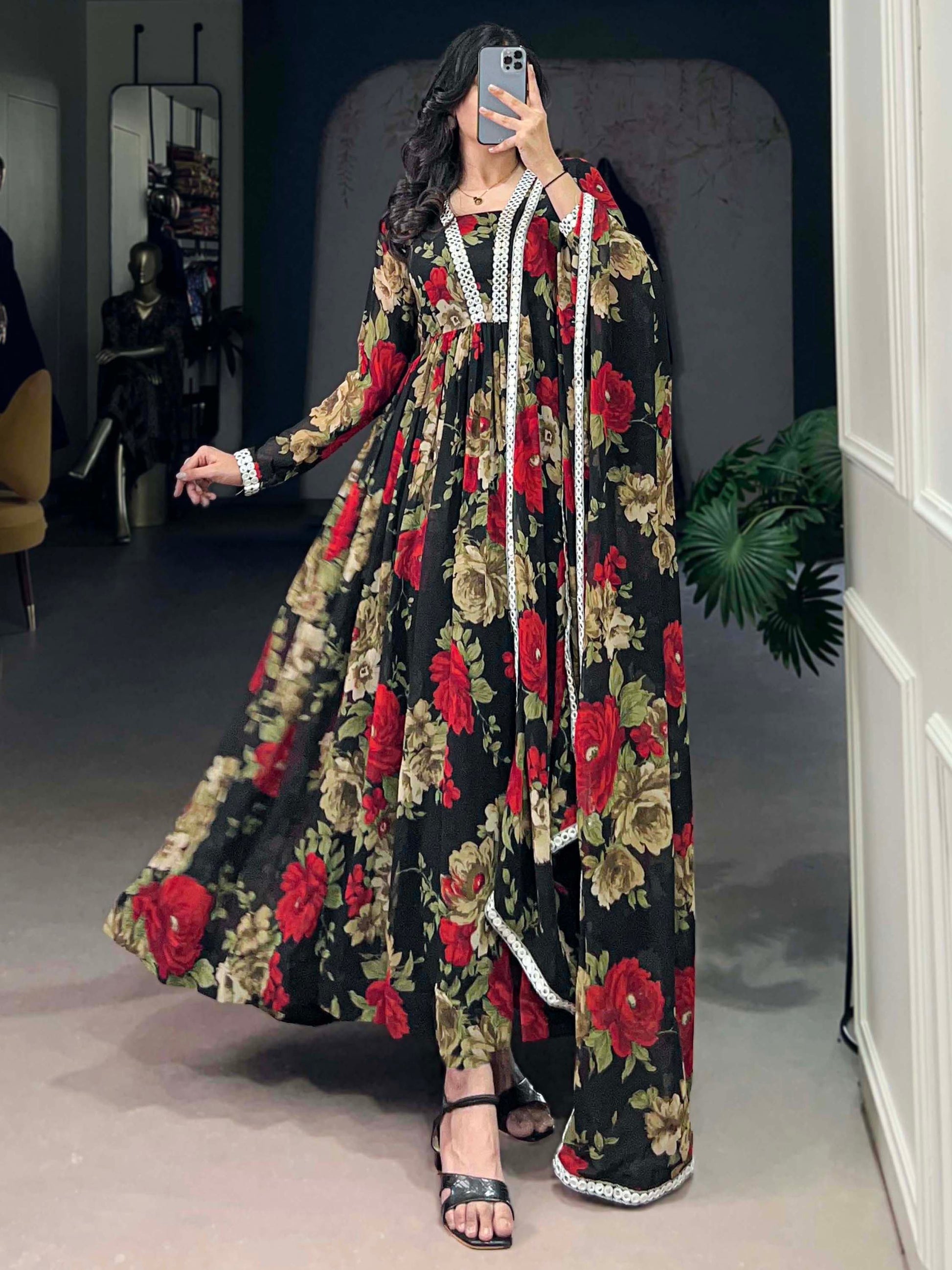 Spectacular Black Floral Printed Georgette Festival Wear Gown - Zeel Clothing