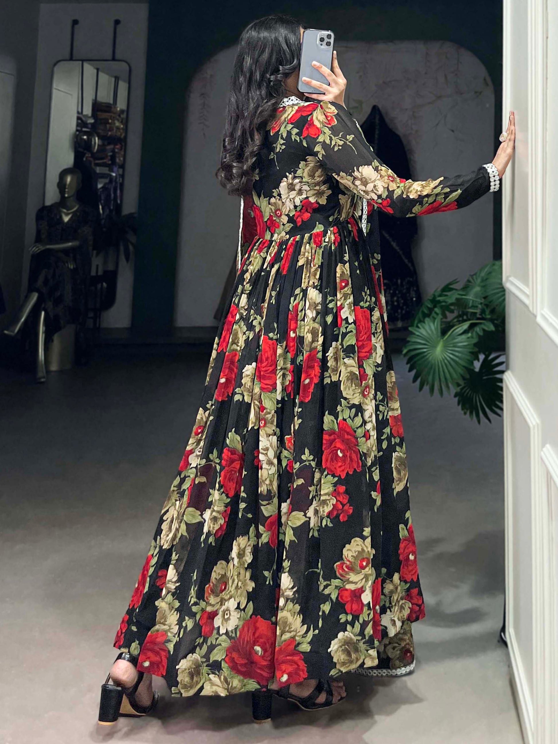 Spectacular Black Floral Printed Georgette Festival Wear Gown - Zeel Clothing