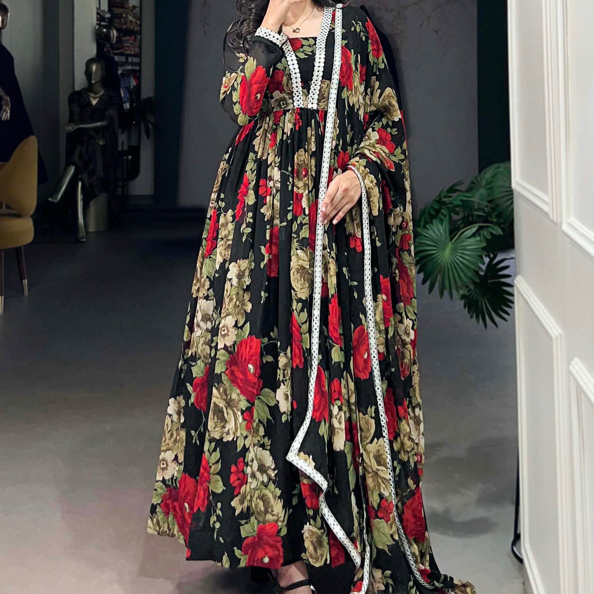 Spectacular Black Floral Printed Georgette Festival Wear Gown - Zeel Clothing