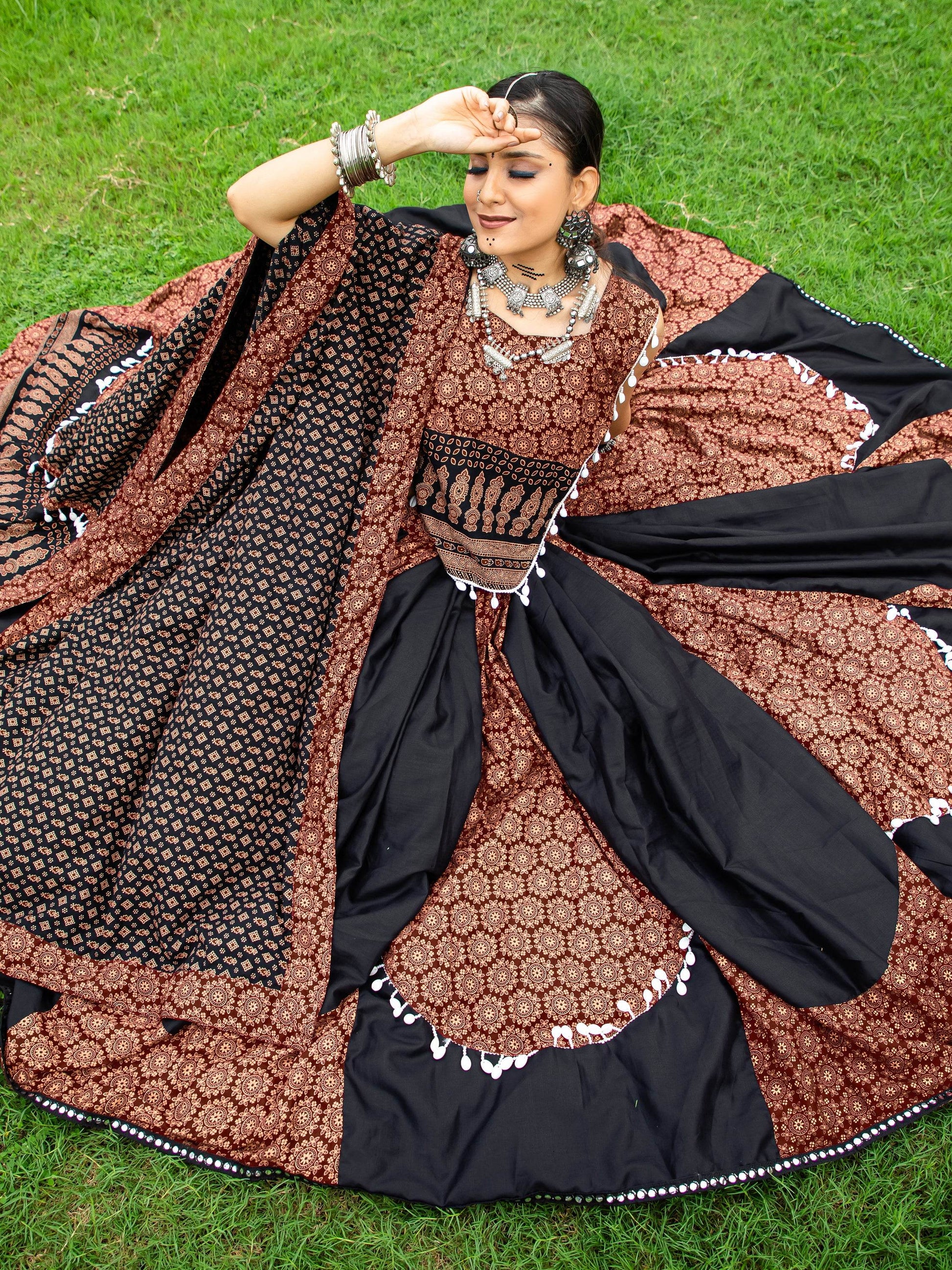 Spectacular Black Printed Cotton Navratri Lehenga Choli With Dupatta - Zeel Clothing