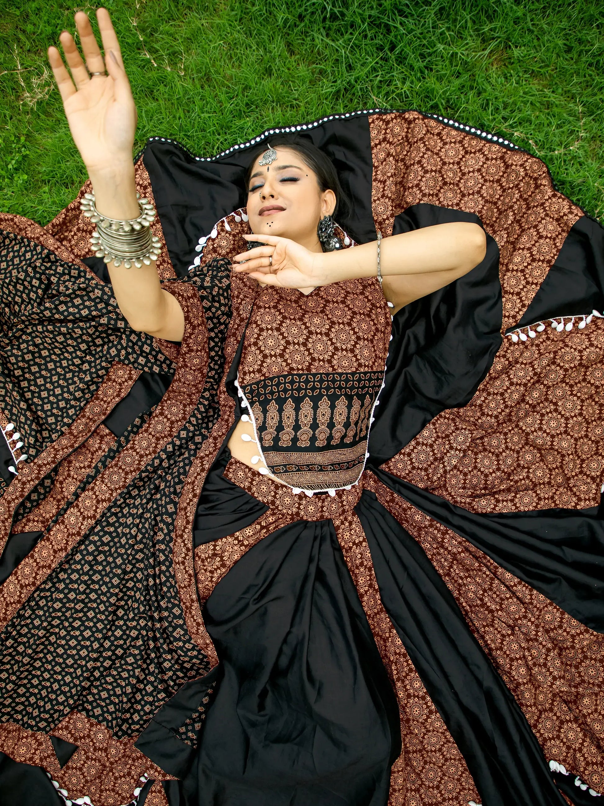 Spectacular Black Printed Cotton Navratri Lehenga Choli With Dupatta - Zeel Clothing