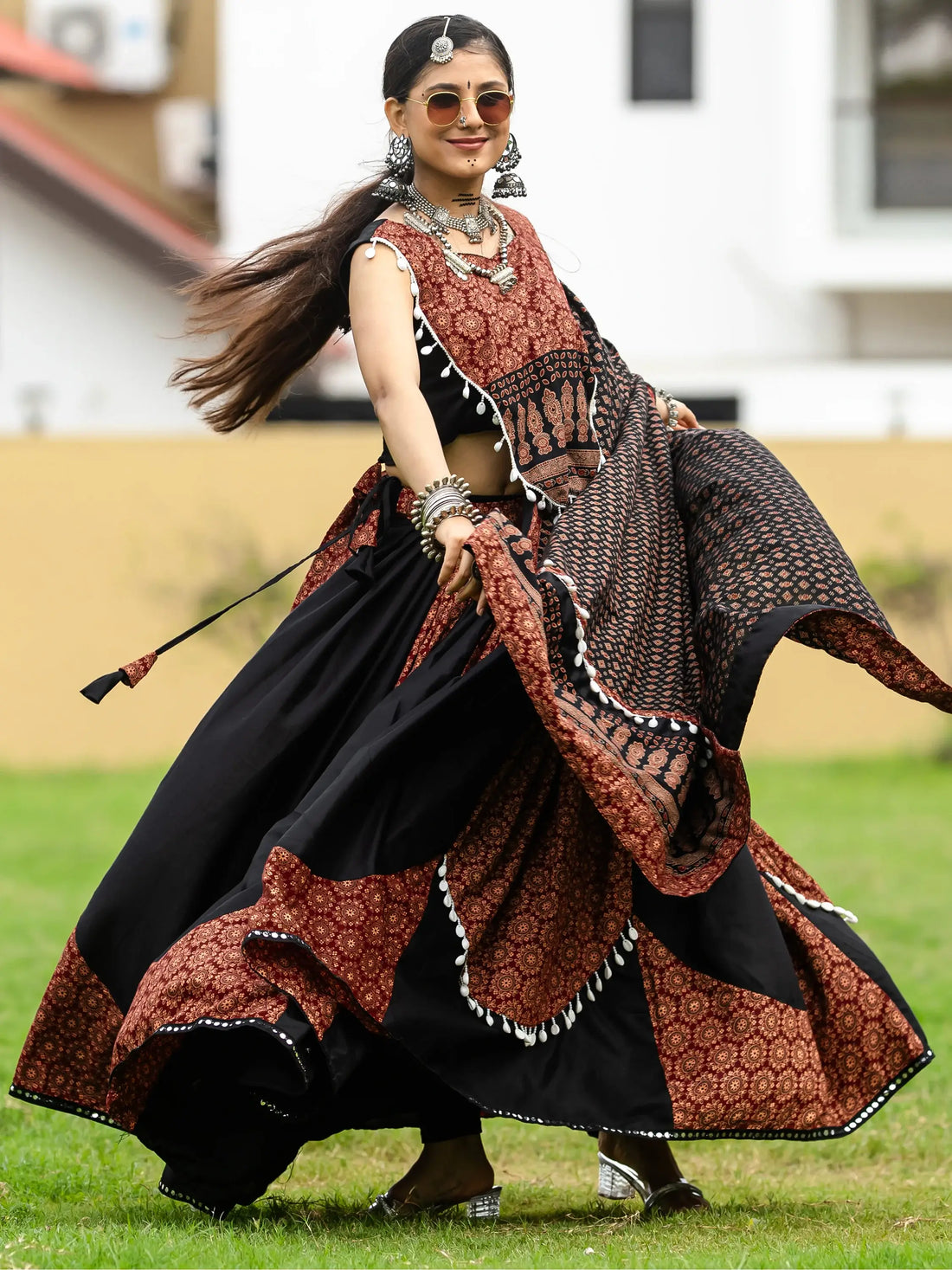 Spectacular Black Printed Cotton Navratri Lehenga Choli With Dupatta - Zeel Clothing