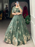 Spectacular Bottle Green Floral Printed Crop Top Lehenga With Jacket - Zeel Clothing