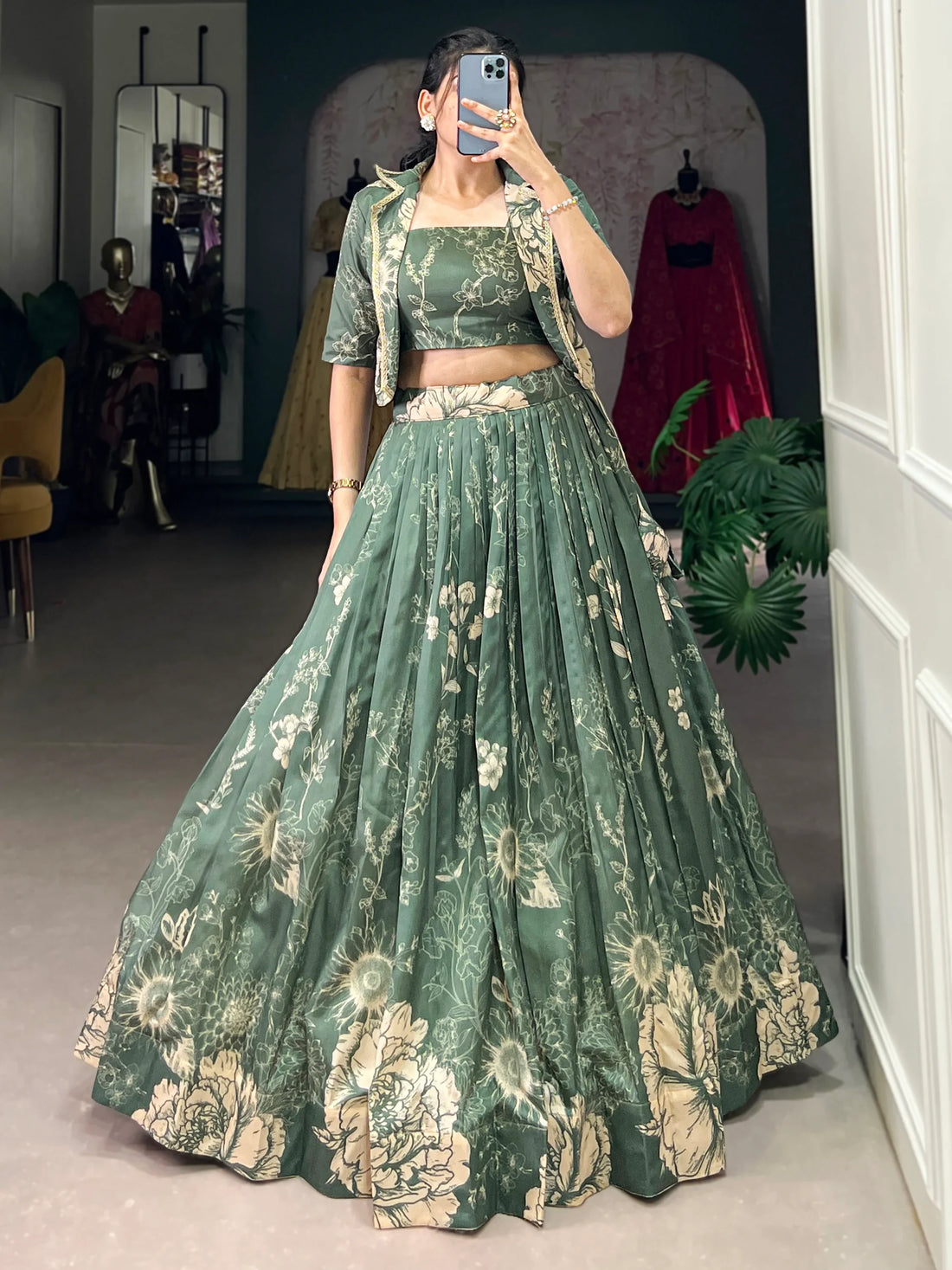 Spectacular Bottle Green Floral Printed Crop Top Lehenga With Jacket - Zeel Clothing