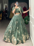 Spectacular Bottle Green Floral Printed Crop Top Lehenga With Jacket - Zeel Clothing