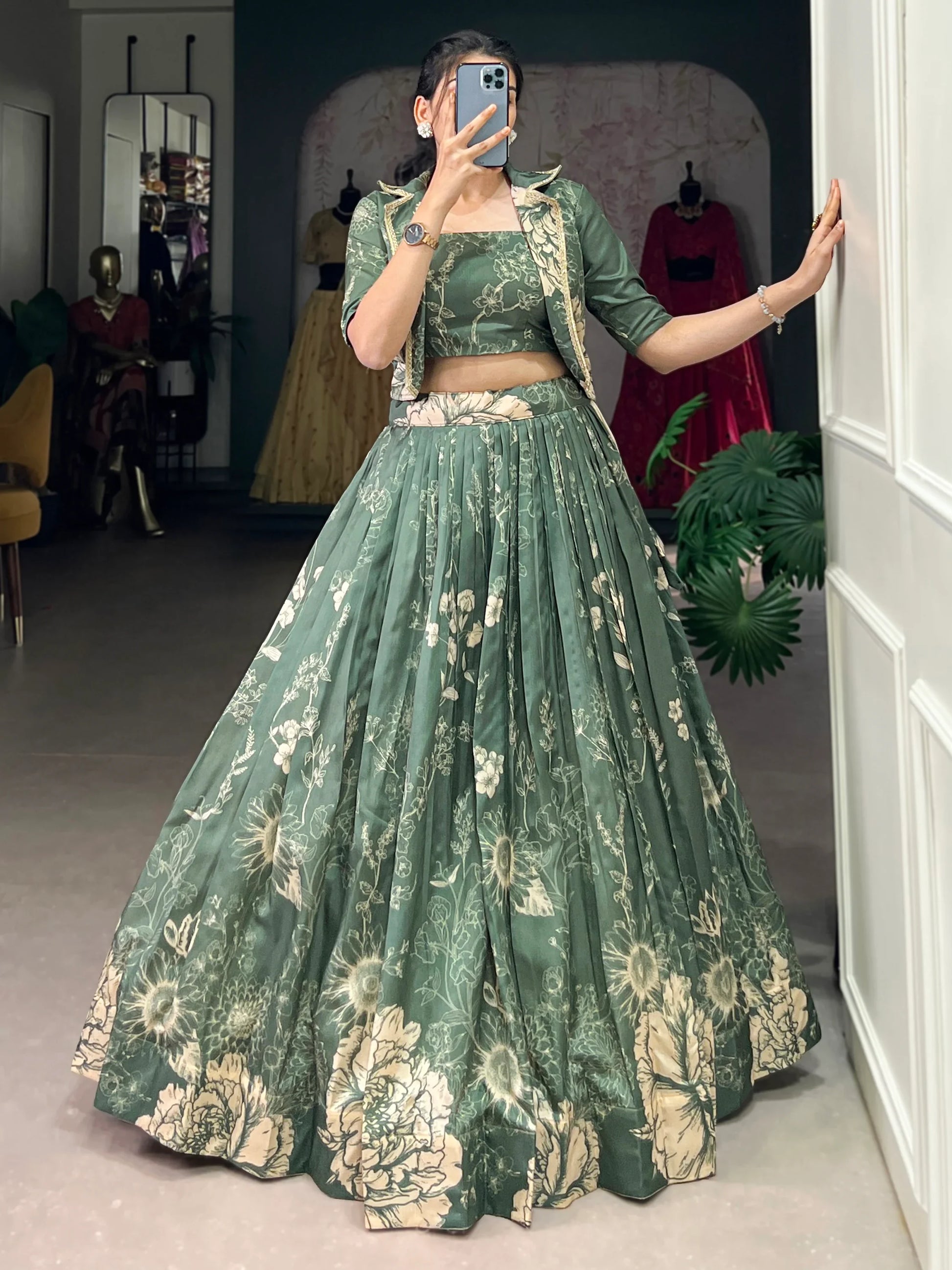 Spectacular Bottle Green Floral Printed Crop Top Lehenga With Jacket - Zeel Clothing