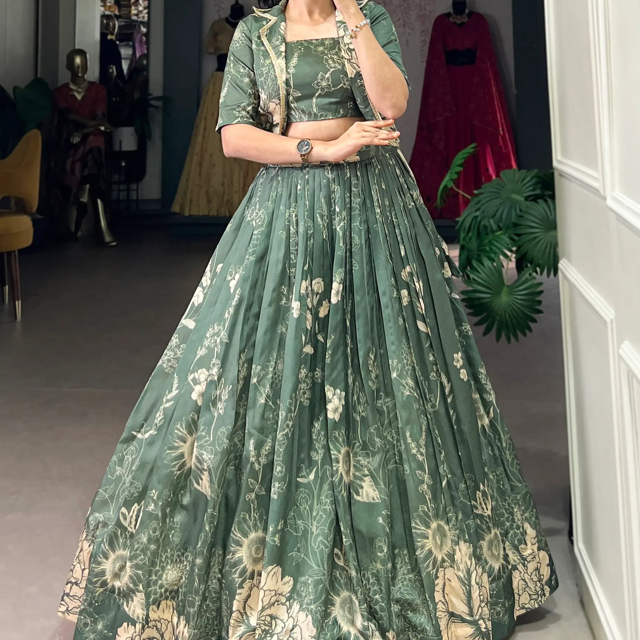 Spectacular Bottle Green Floral Printed Crop Top Lehenga With Jacket - Zeel Clothing
