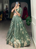Spectacular Bottle Green Floral Printed Crop Top Lehenga With Jacket - Zeel Clothing