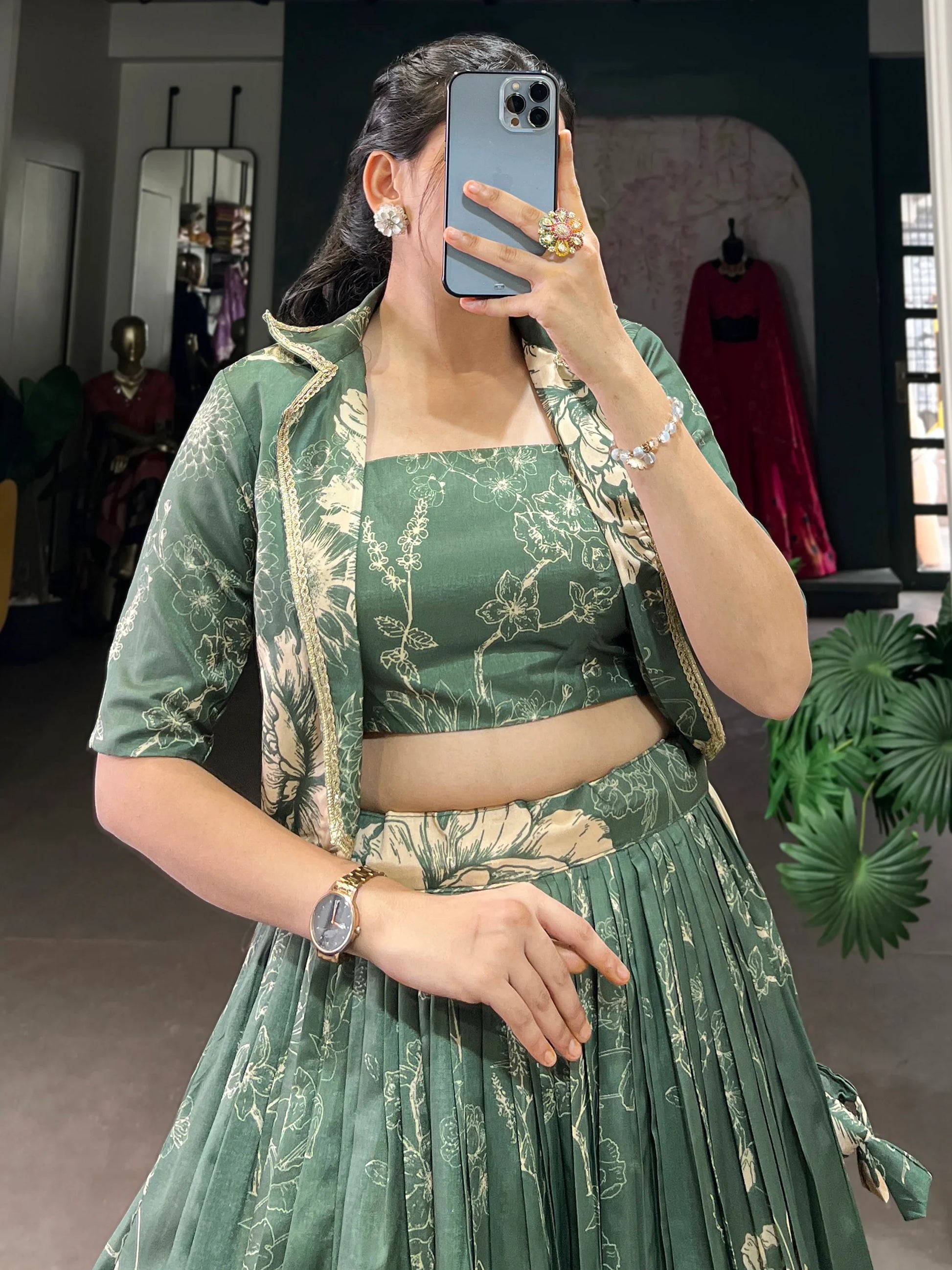 Spectacular Bottle Green Floral Printed Crop Top Lehenga With Jacket - Zeel Clothing