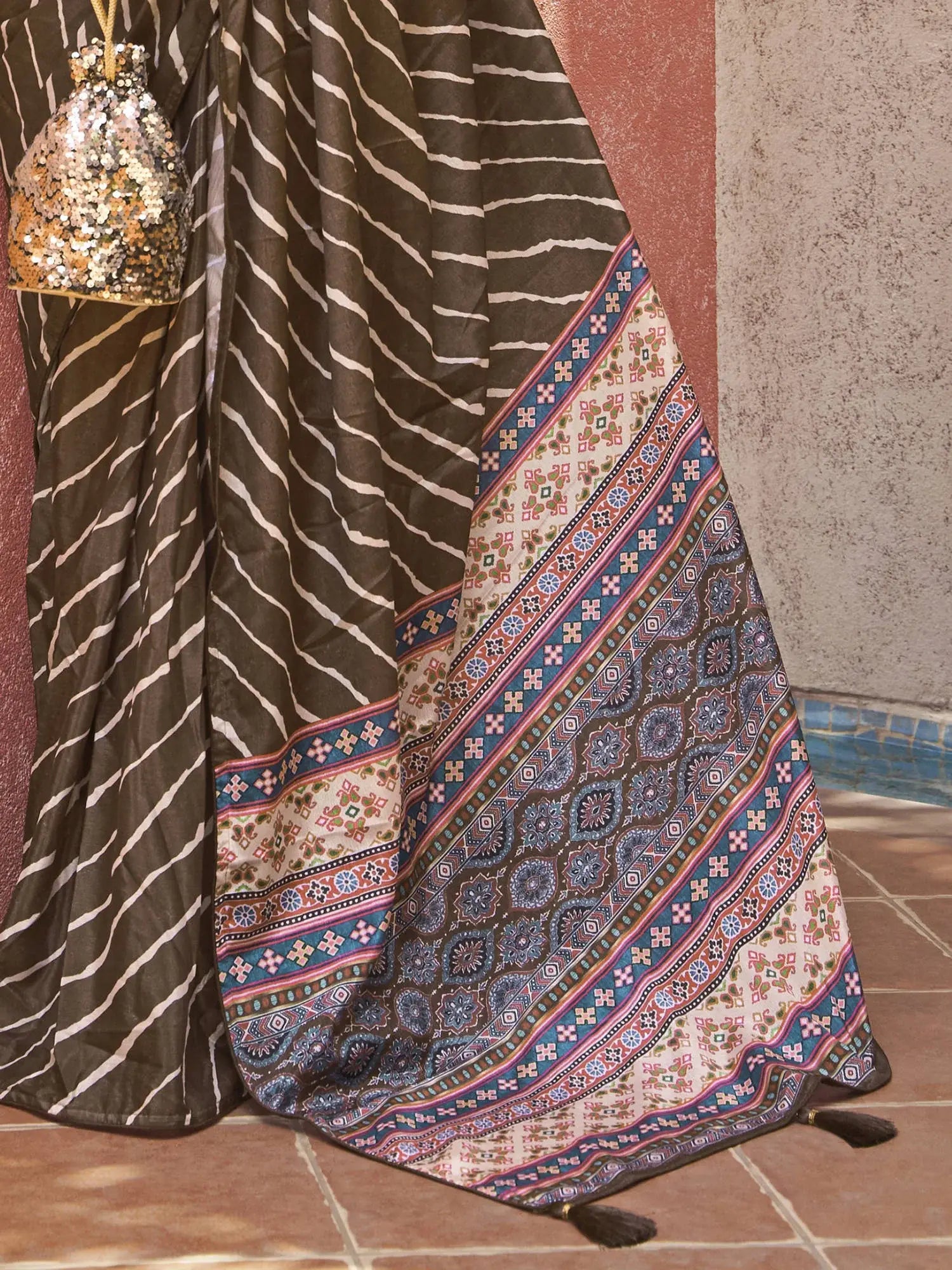 Spectacular Brown Digital Printed Crepe Festival Wear Saree - Zeel Clothing
