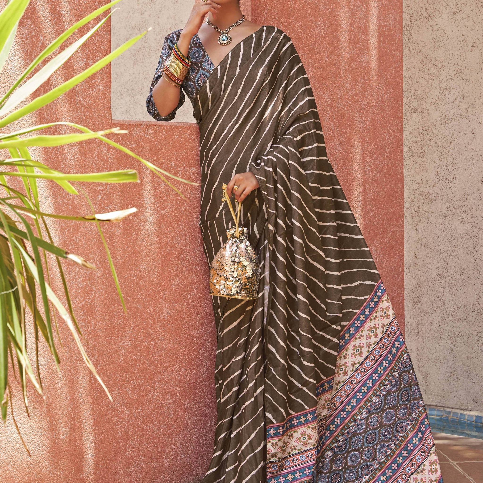 Spectacular Brown Digital Printed Crepe Festival Wear Saree - Zeel Clothing