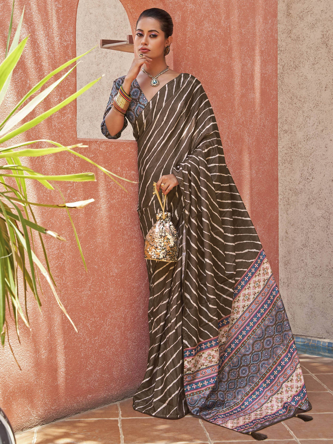 Spectacular Brown Digital Printed Crepe Festival Wear Saree - Zeel Clothing