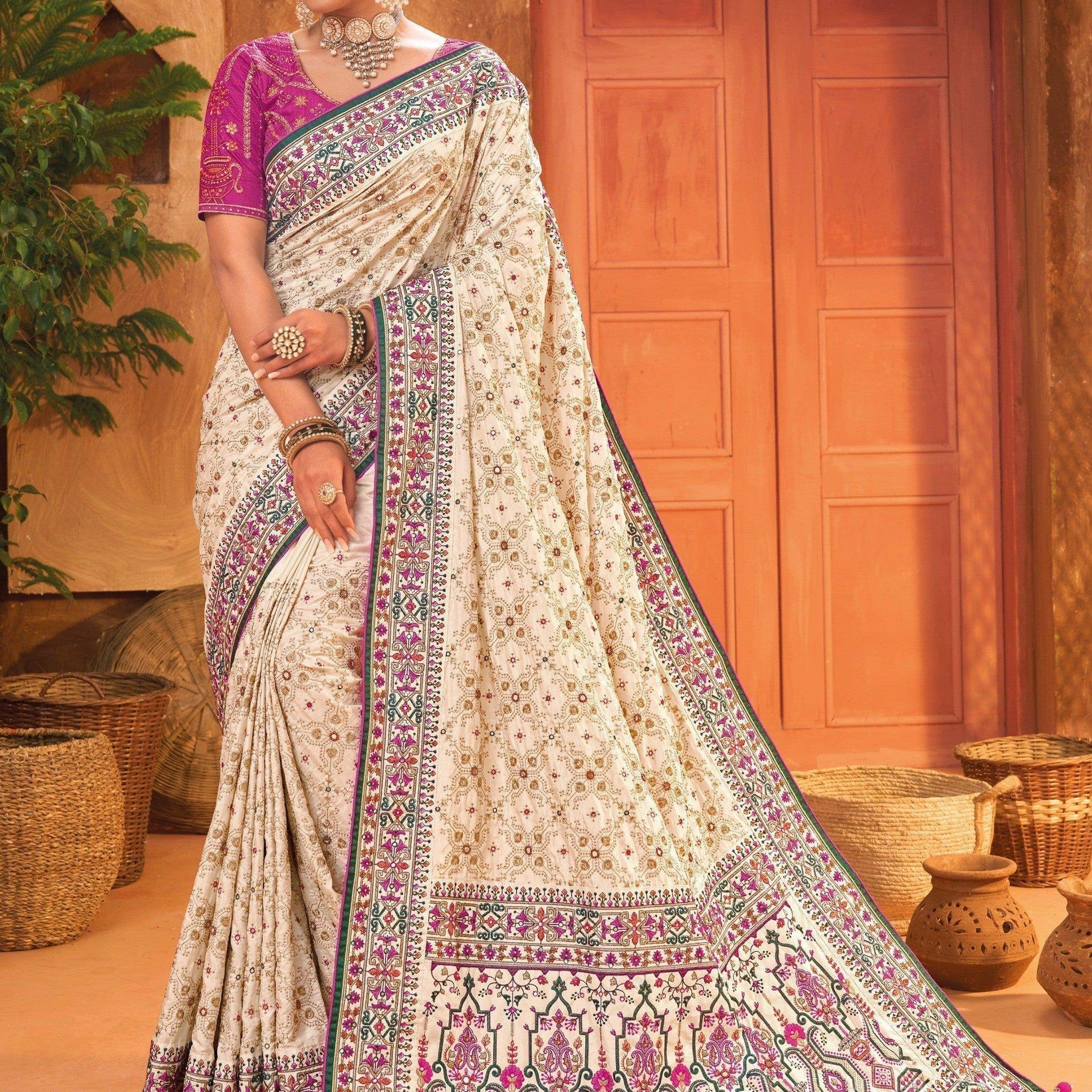 Spectacular Cream Mirror Work Silk Traditional Saree With Blouse - Zeel Clothing