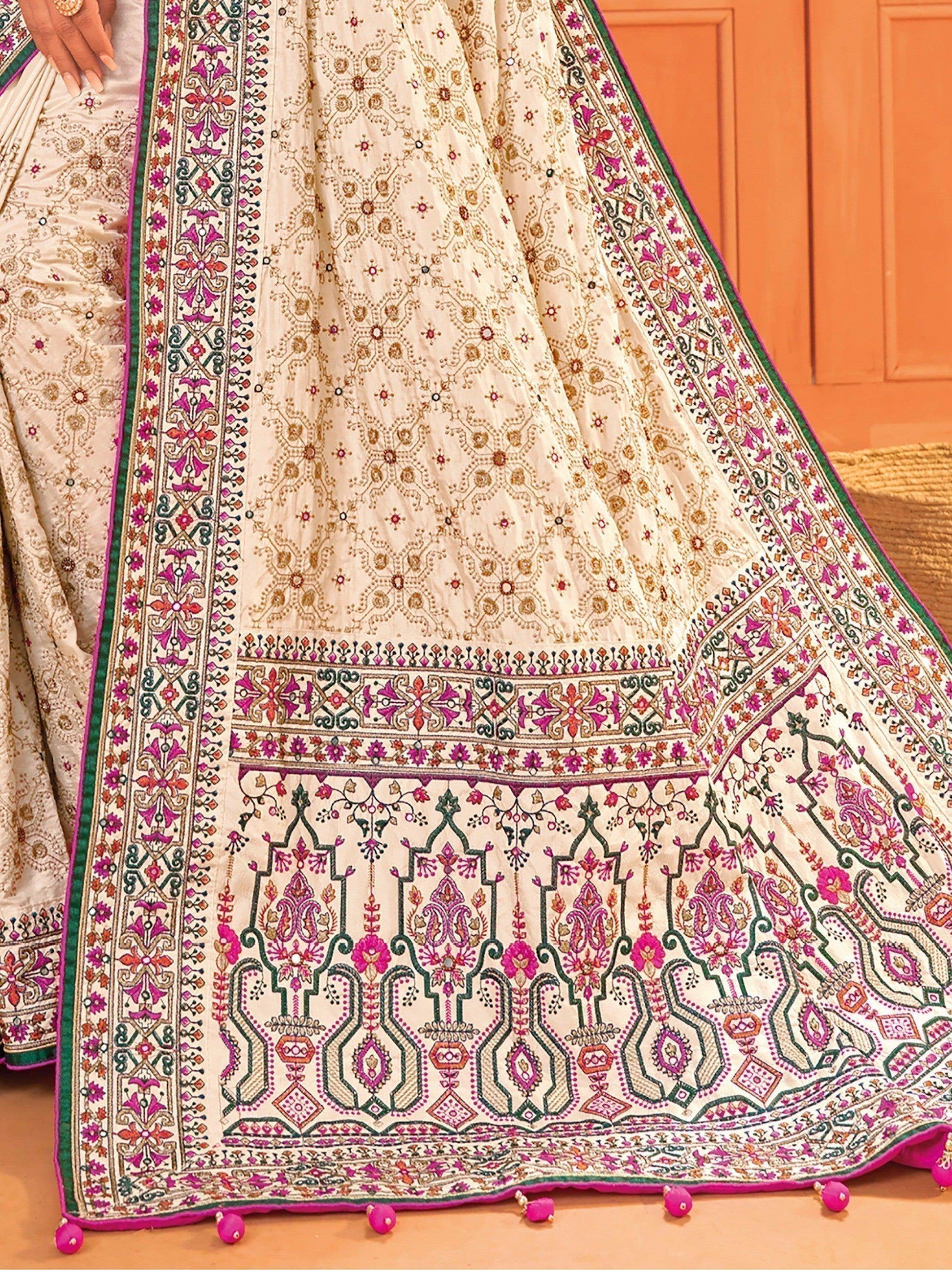 Spectacular Cream Mirror Work Silk Traditional Saree With Blouse - Zeel Clothing