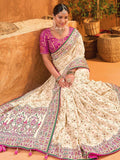 Spectacular Cream Mirror Work Silk Traditional Saree With Blouse - Zeel Clothing