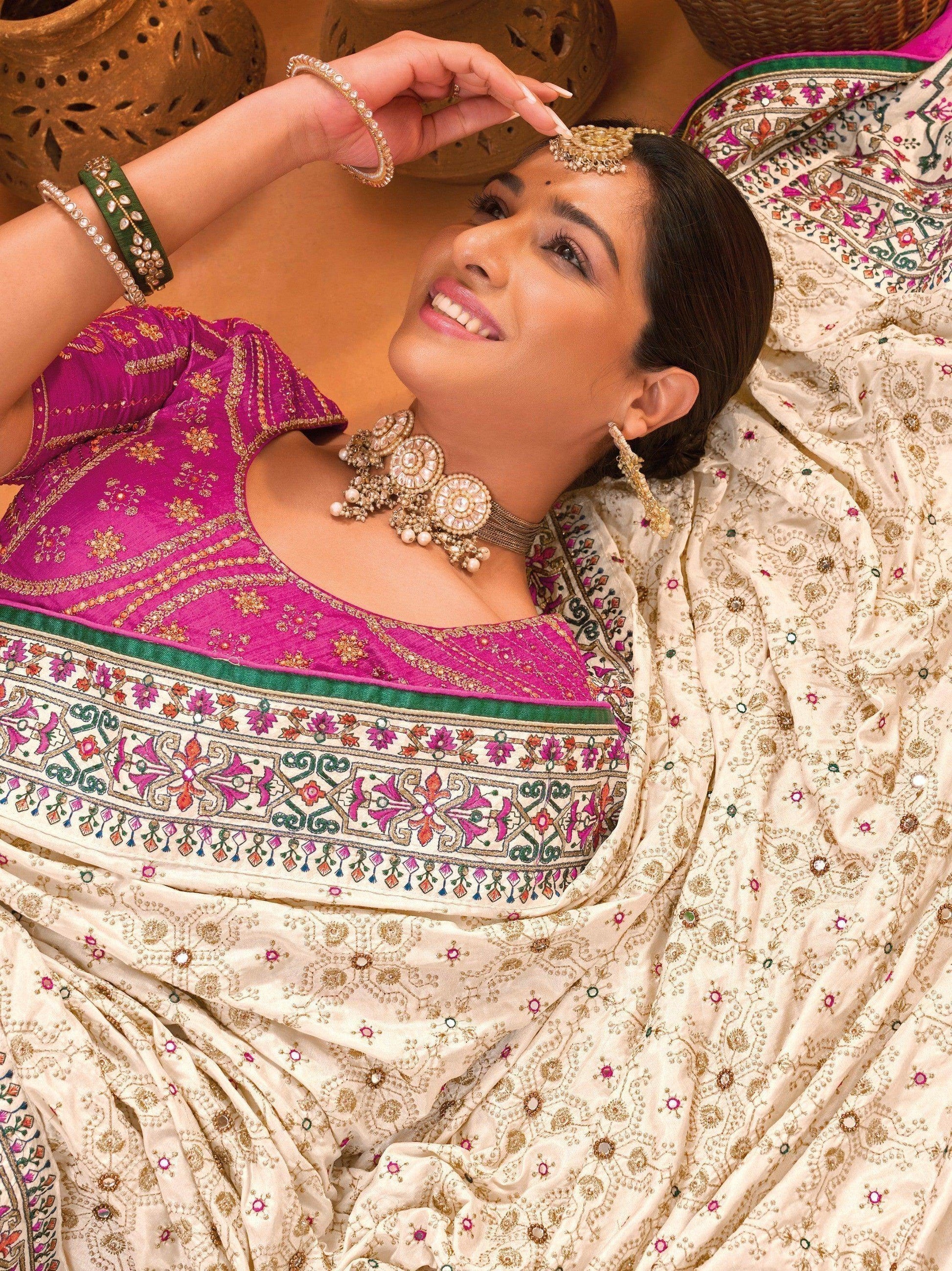 Spectacular Cream Mirror Work Silk Traditional Saree With Blouse - Zeel Clothing