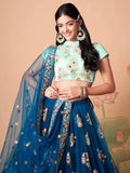 Spectacular Dove Blue Mirror Work Net Event Wear Lehenga Choli - Zeel Clothing